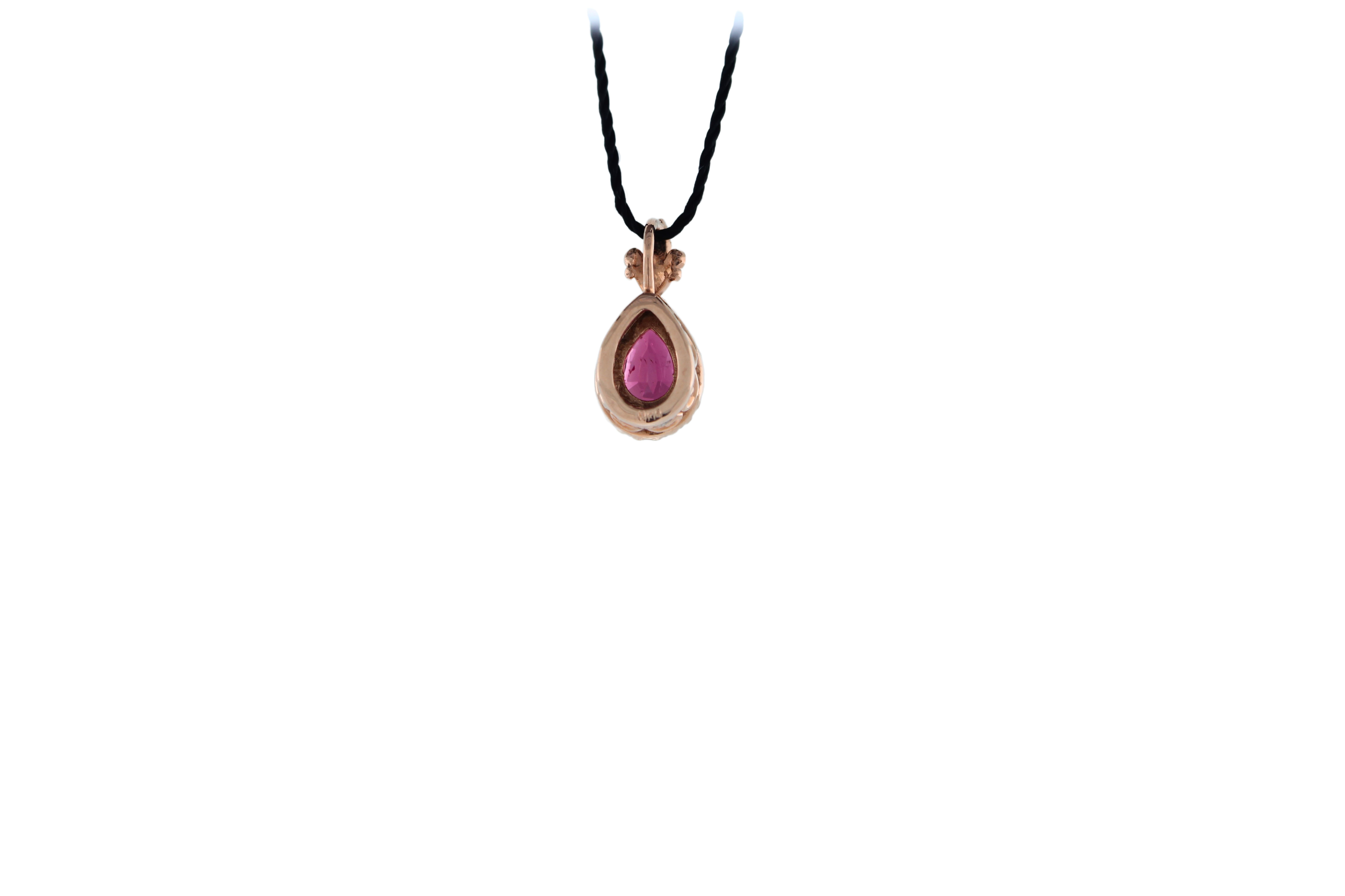 Women's or Men's Pear Drop Red Pink Tourmaline Rubellite Diamond Halo Pave 14k Rose Gold Pendant For Sale
