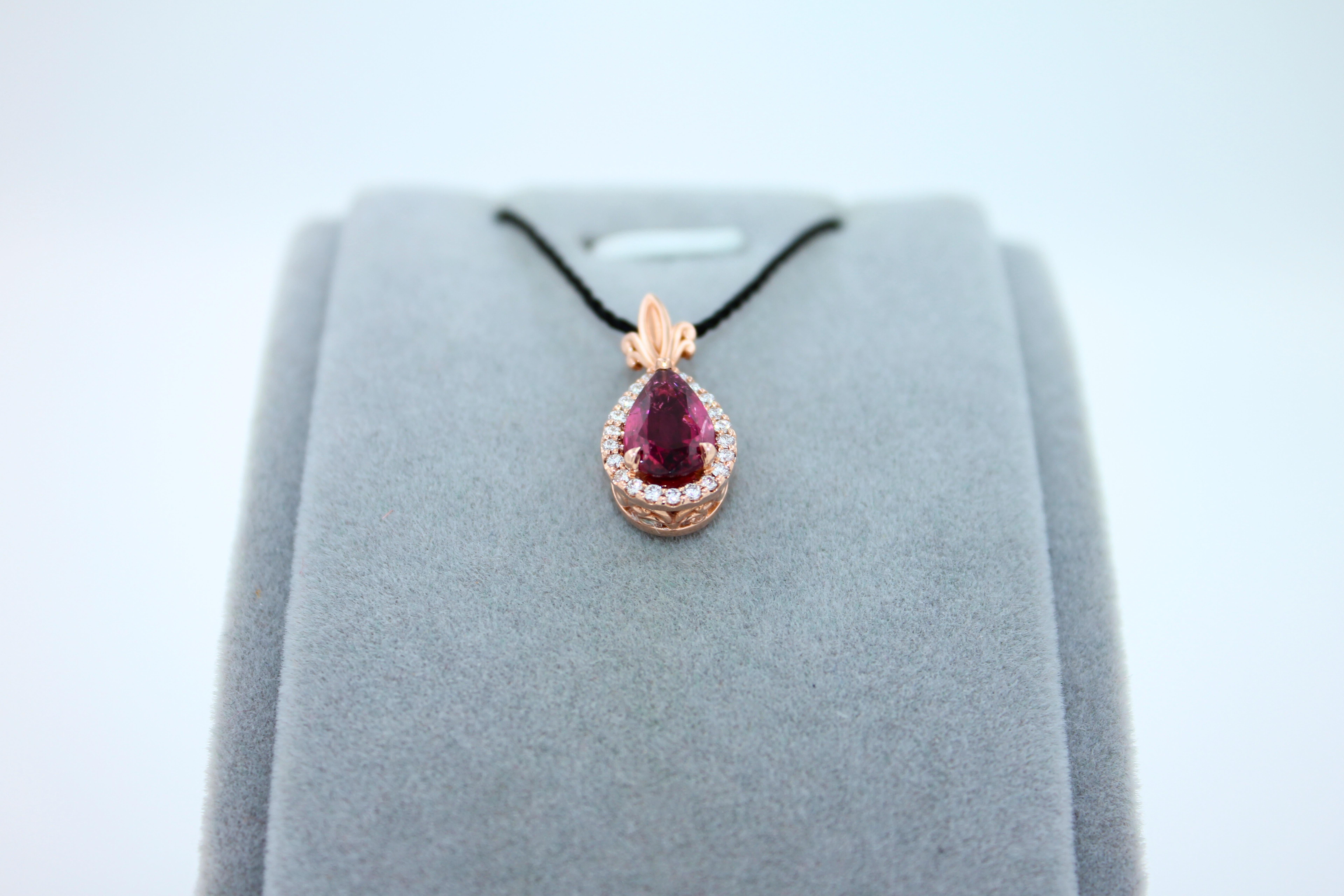 Pear Drop Red Pink Tourmaline Rubellite Diamond Halo Pave 14k Rose Gold Pendant For Sale 1