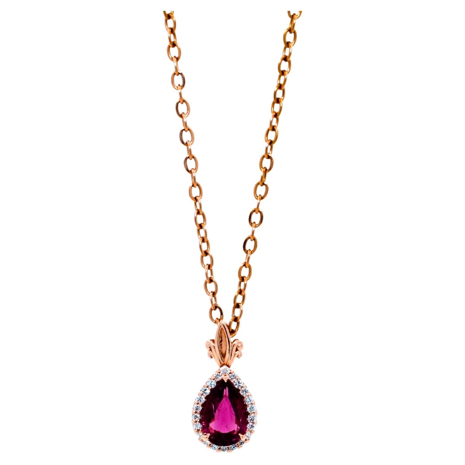 Pear Drop Red Pink Tourmaline Rubellite Diamond Halo Pave 14k Rose Gold Pendant For Sale 9