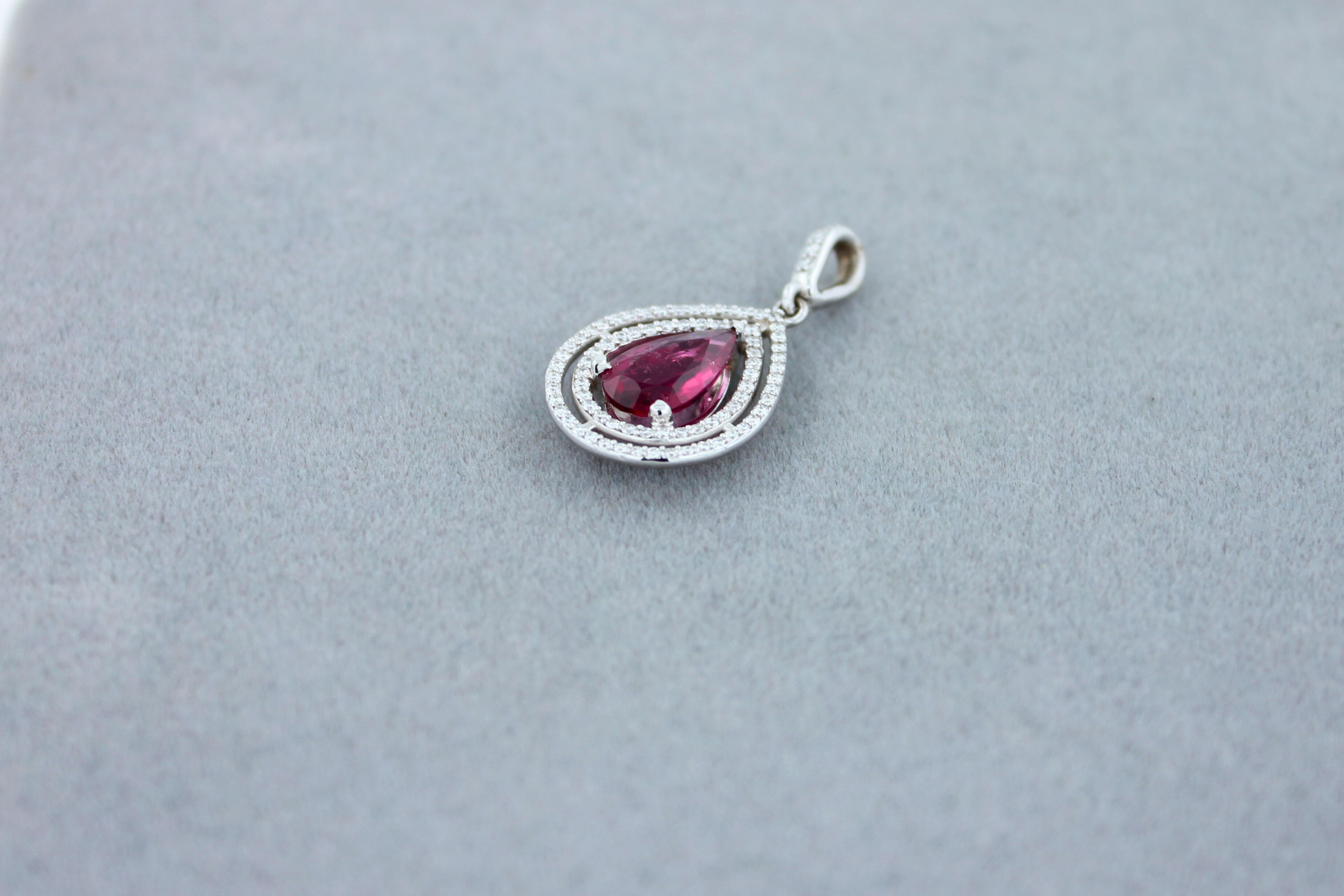Pear Drop Red Pink Tourmaline Rubellite Diamond Halo Pave 14k White Gold Pendant For Sale 6