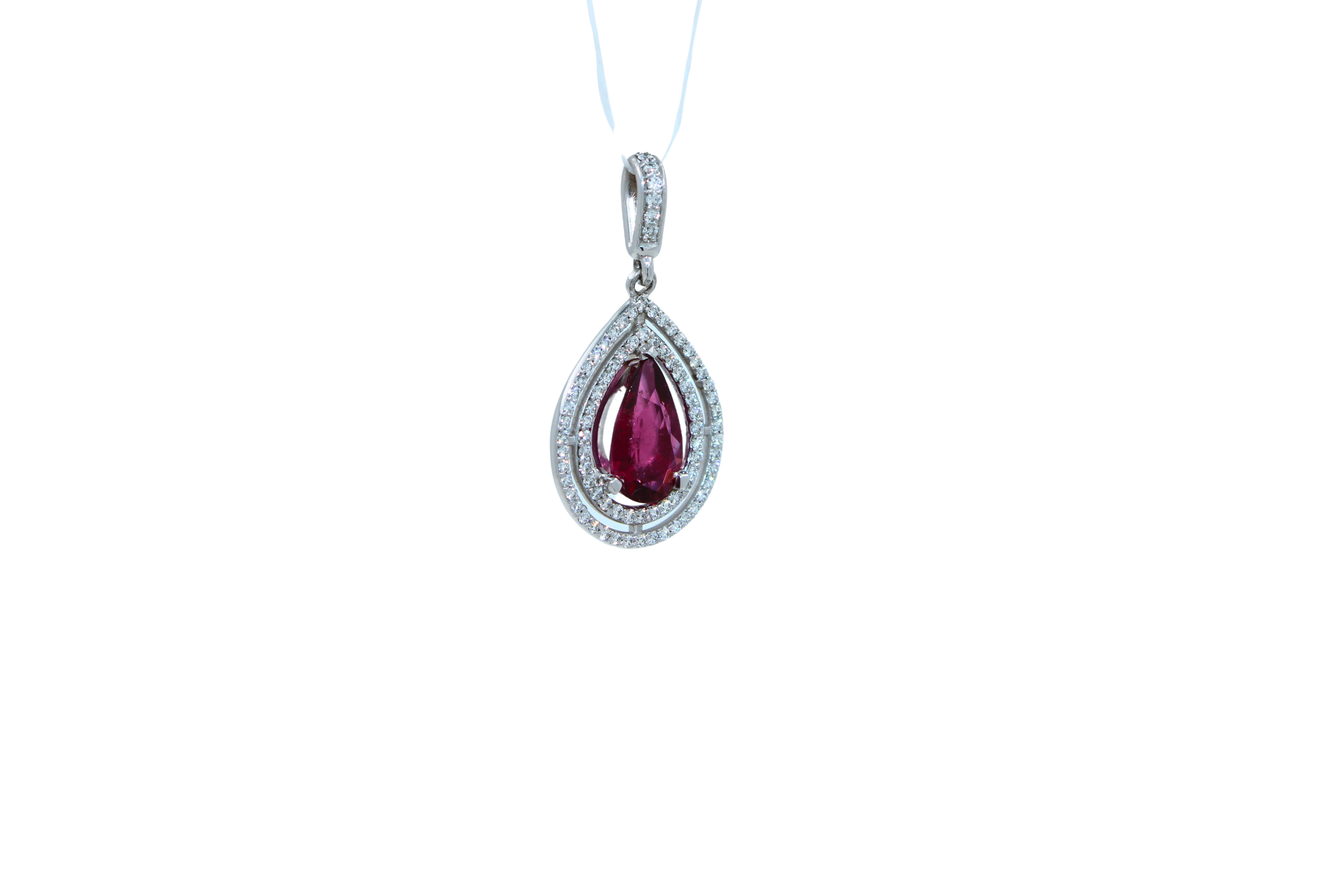 Pear Drop Red Pink Tourmaline Rubellite Diamond Halo Pave 14k White Gold Pendant For Sale 7
