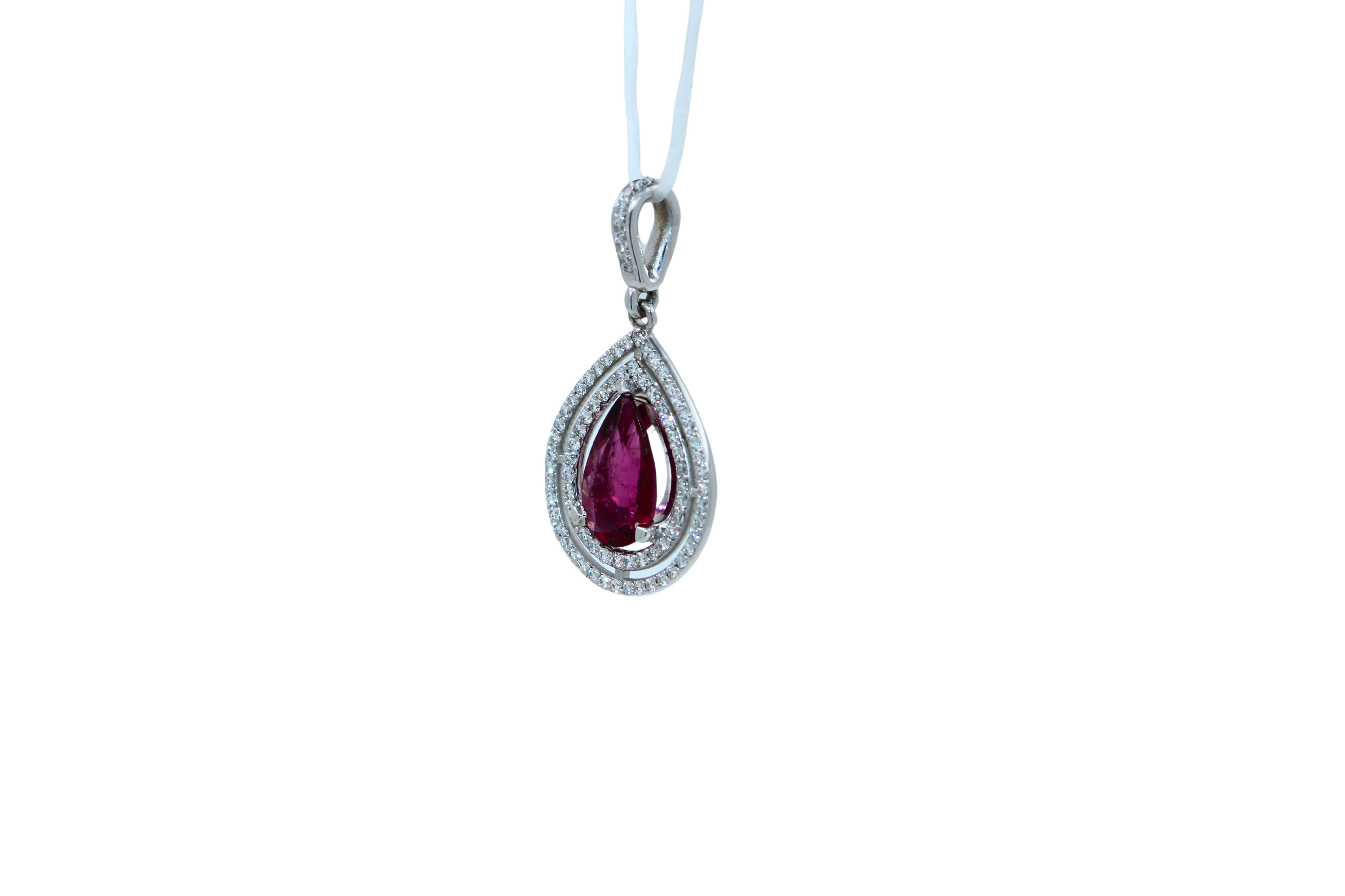 Pear Drop Red Pink Tourmaline Rubellite Diamond Halo Pave 14k White Gold Pendant For Sale 8