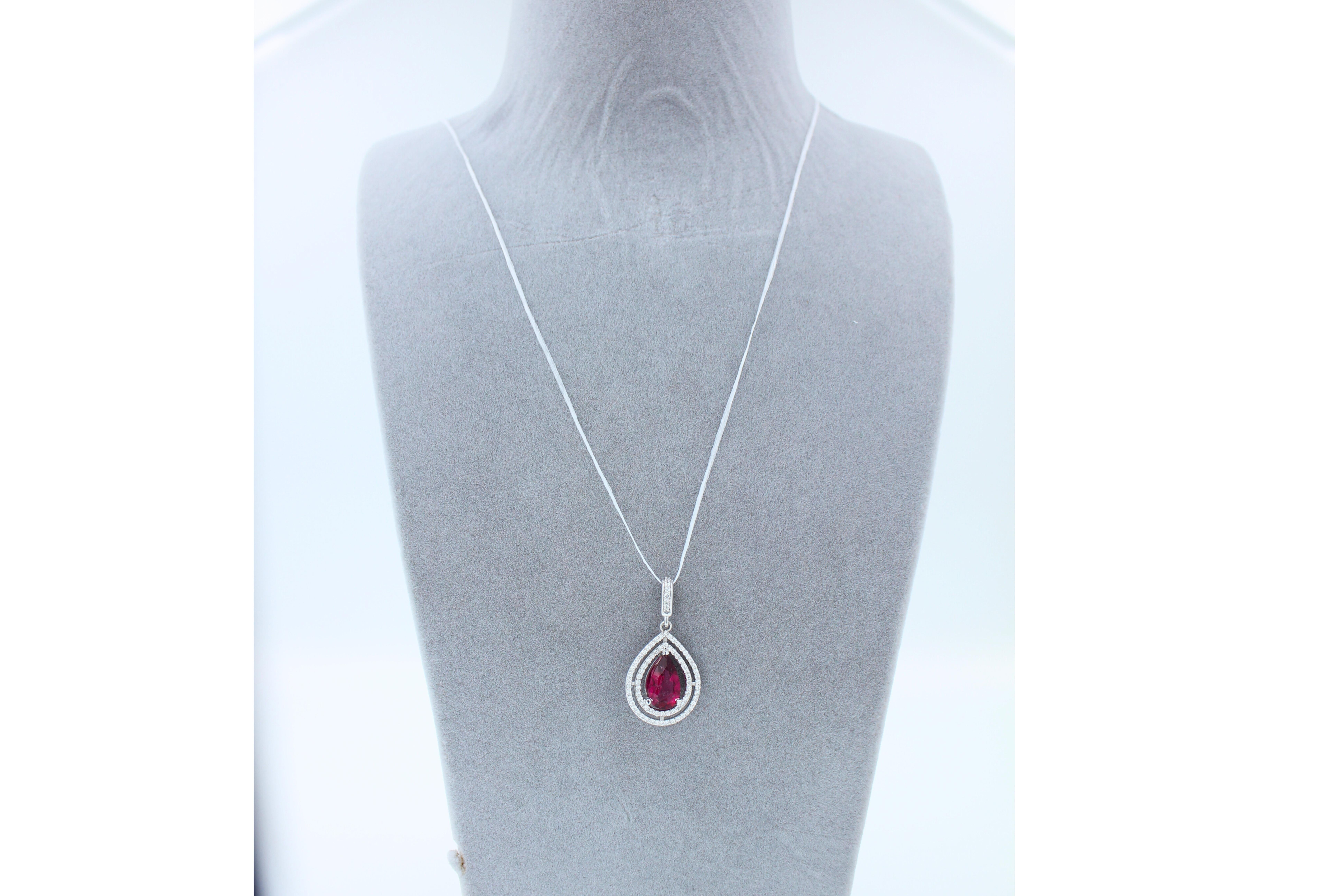 Pear Cut Pear Drop Red Pink Tourmaline Rubellite Diamond Halo Pave 14k White Gold Pendant For Sale