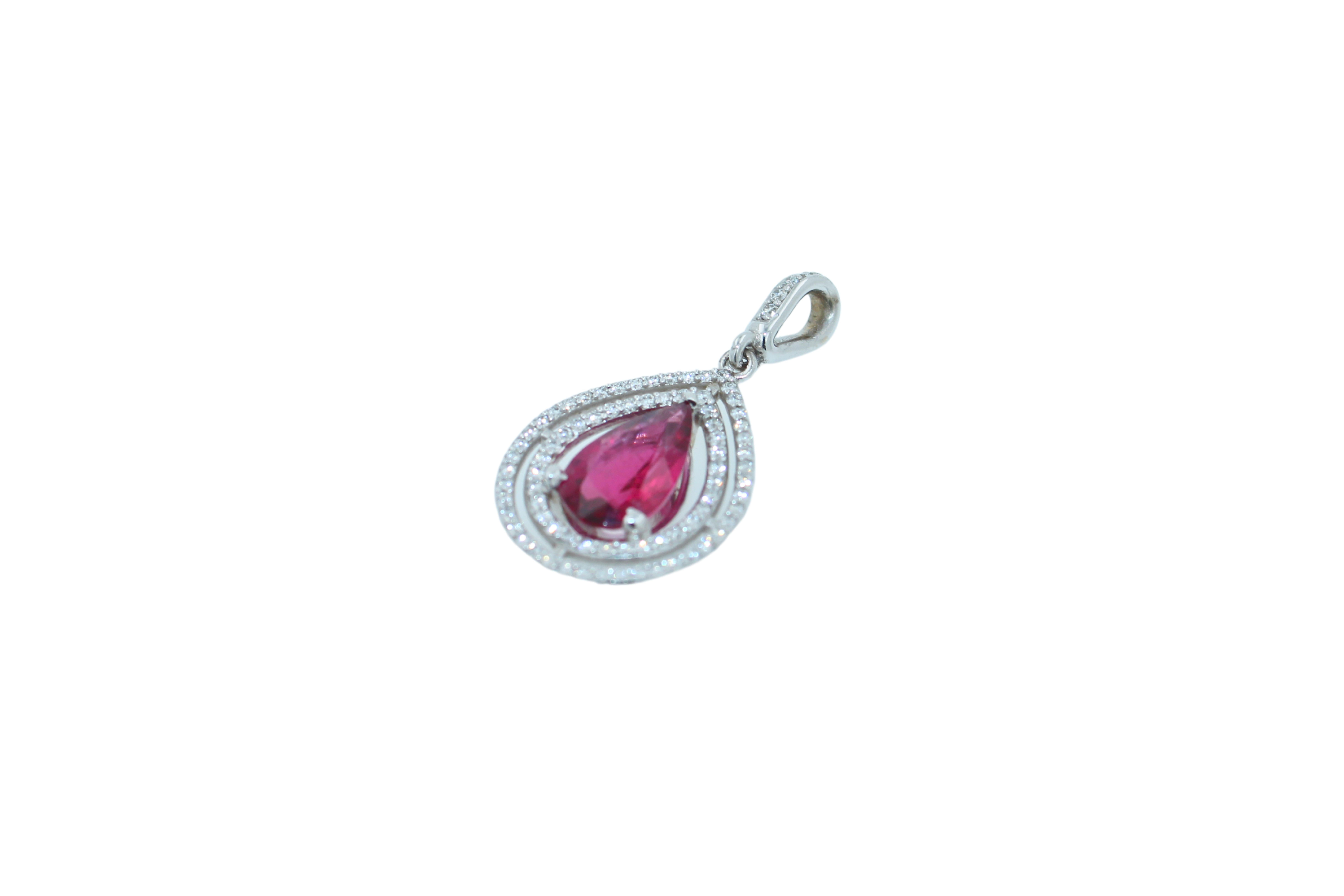 Pear Drop Red Pink Tourmaline Rubellite Diamond Halo Pave 14k White Gold Pendant For Sale 9