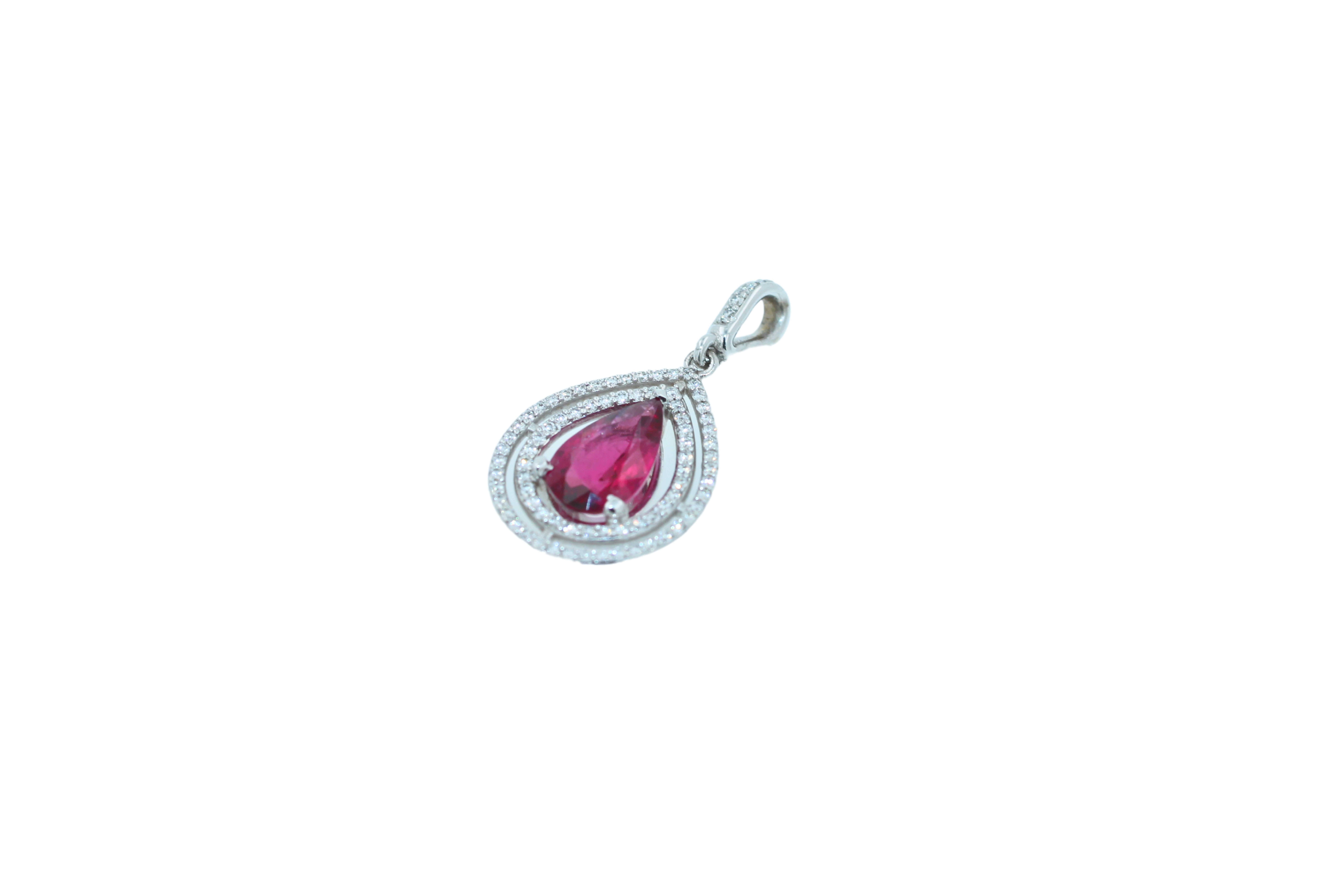 Pear Drop Red Pink Tourmaline Rubellite Diamond Halo Pave 14k White Gold Pendant For Sale 10