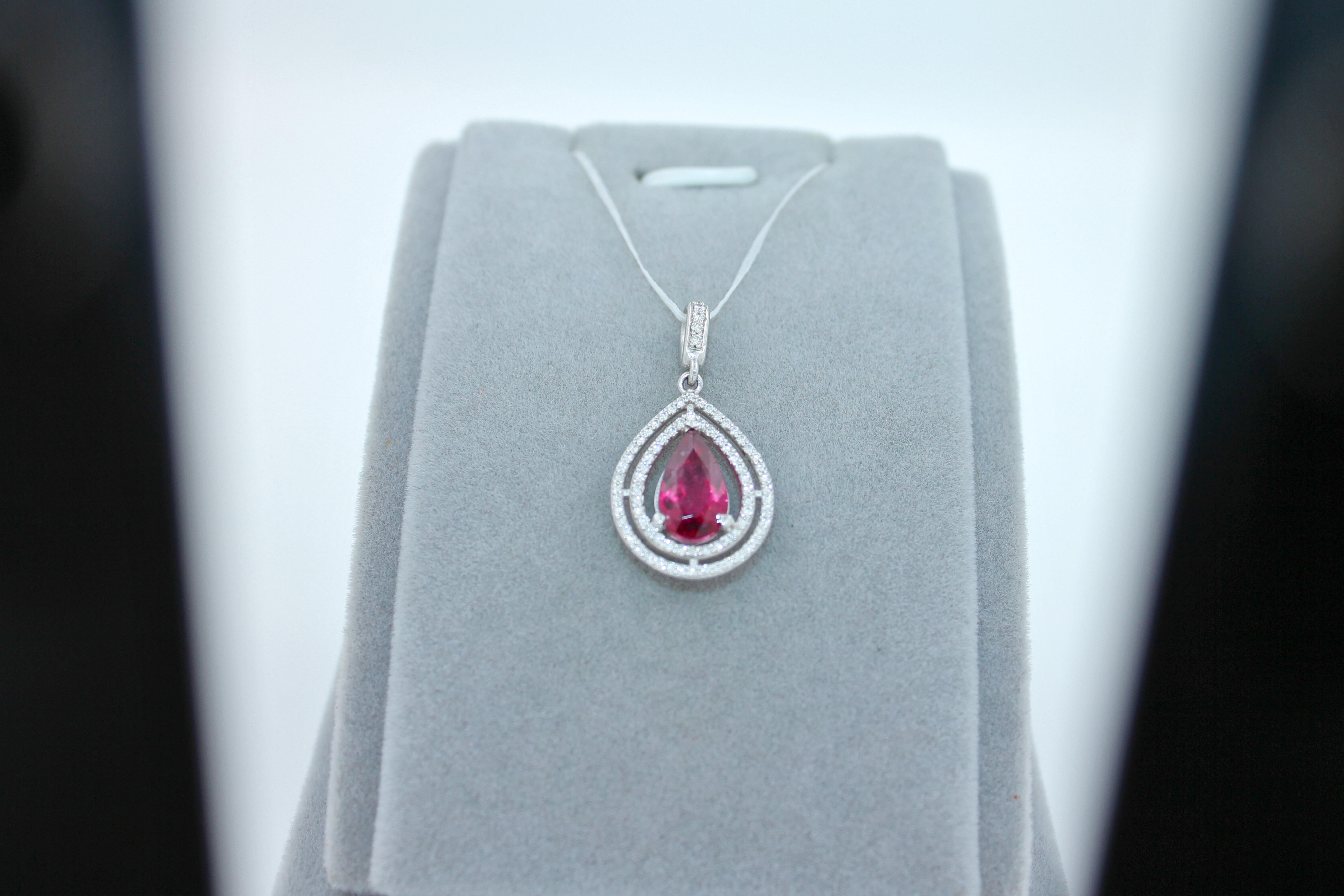 Women's or Men's Pear Drop Red Pink Tourmaline Rubellite Diamond Halo Pave 14k White Gold Pendant For Sale