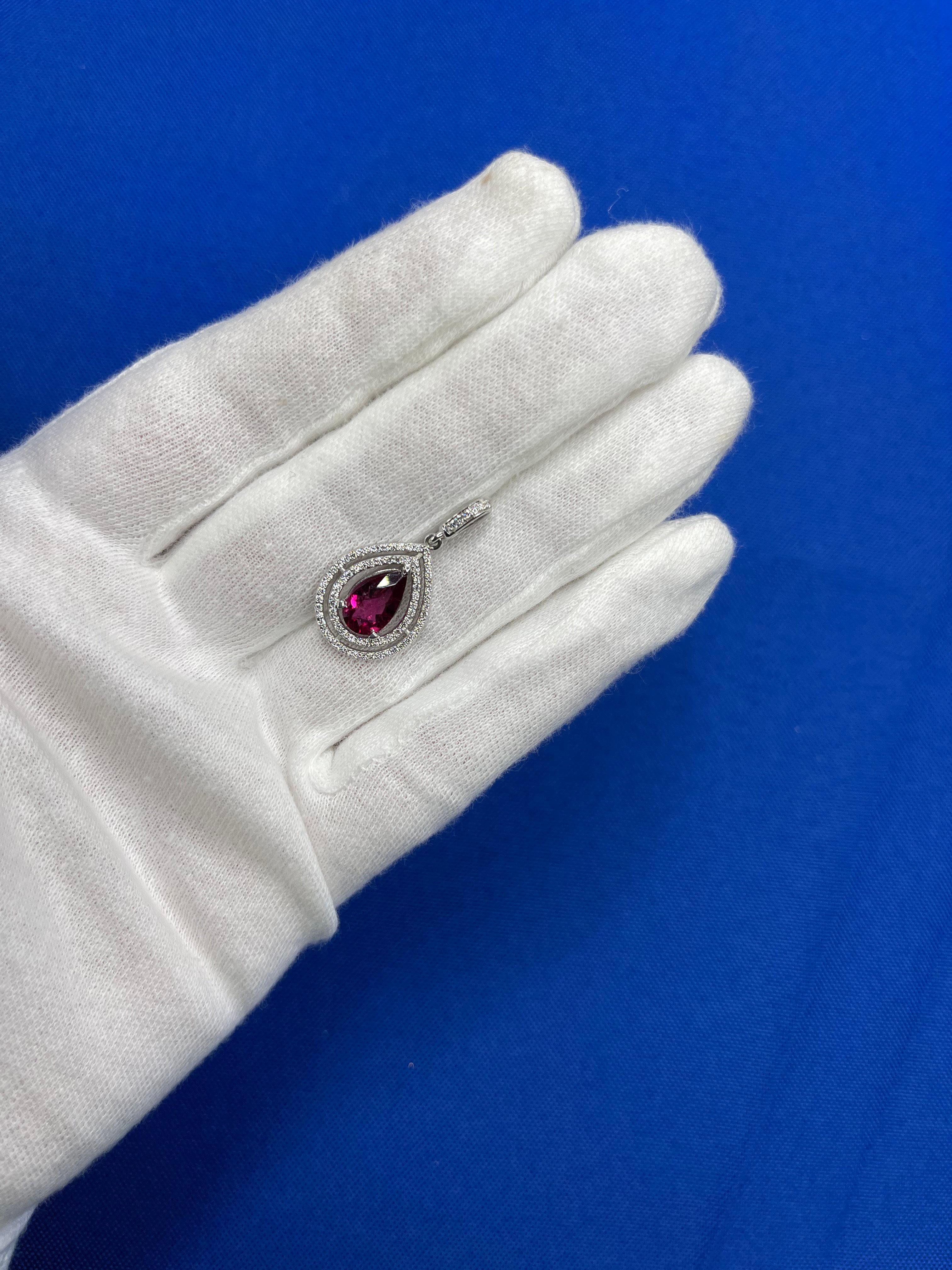 Pear Drop Red Pink Tourmaline Rubellite Diamond Halo Pave 14k White Gold Pendant For Sale 13