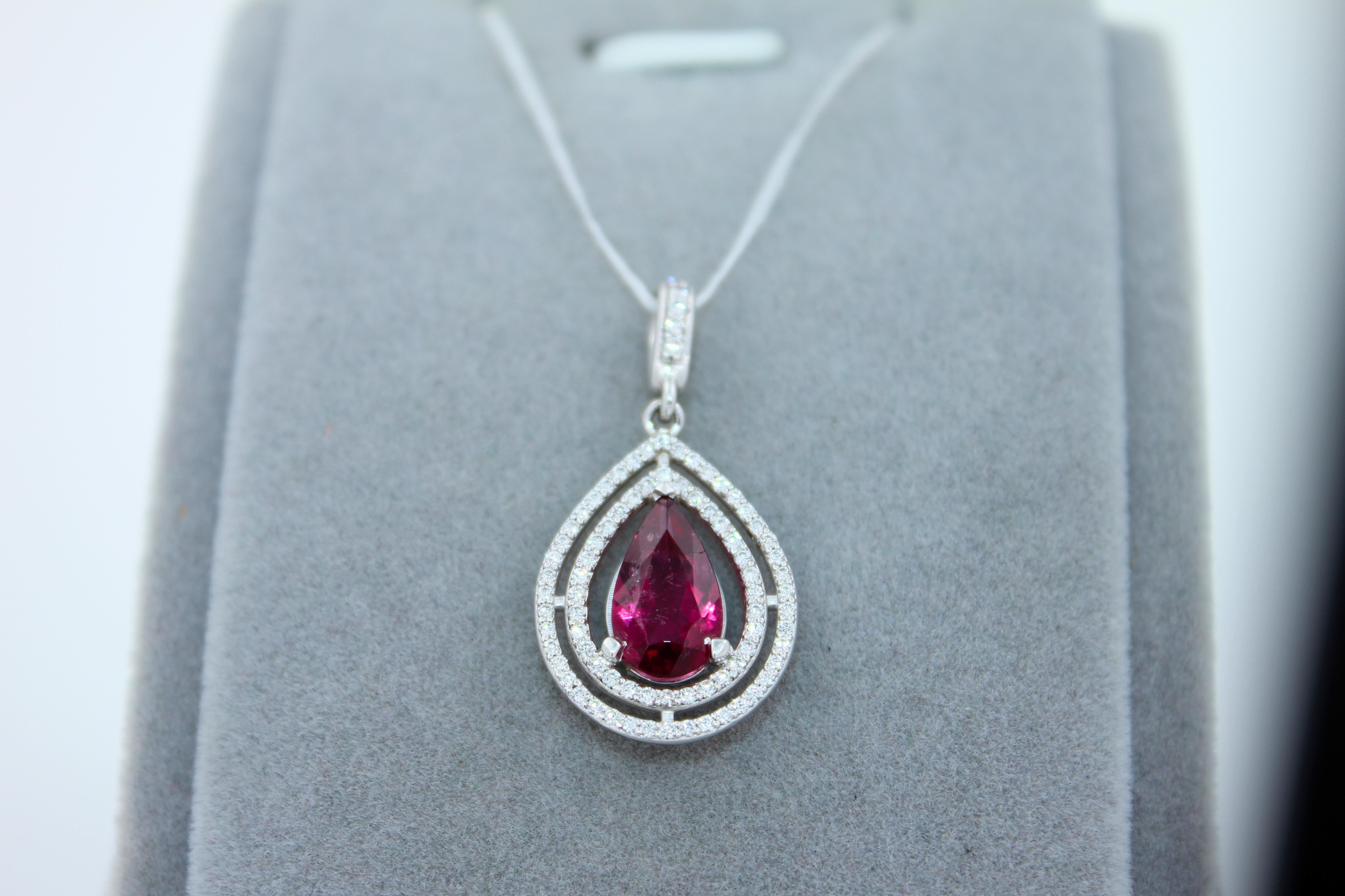 Pear Drop Red Pink Tourmaline Rubellite Diamond Halo Pave 14k White Gold Pendant For Sale 1