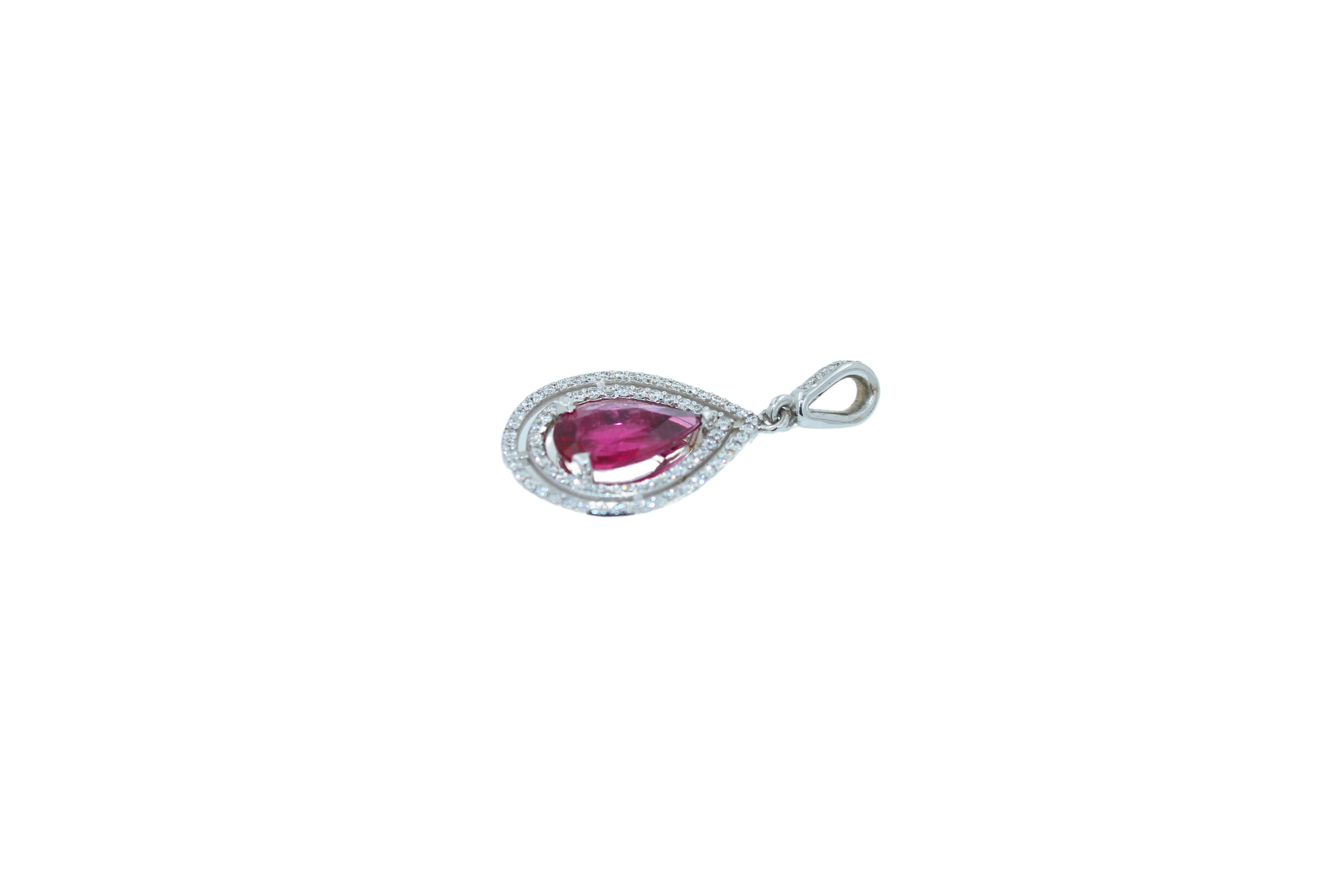 Pear Drop Red Pink Tourmaline Rubellite Diamond Halo Pave 14k White Gold Pendant For Sale 11