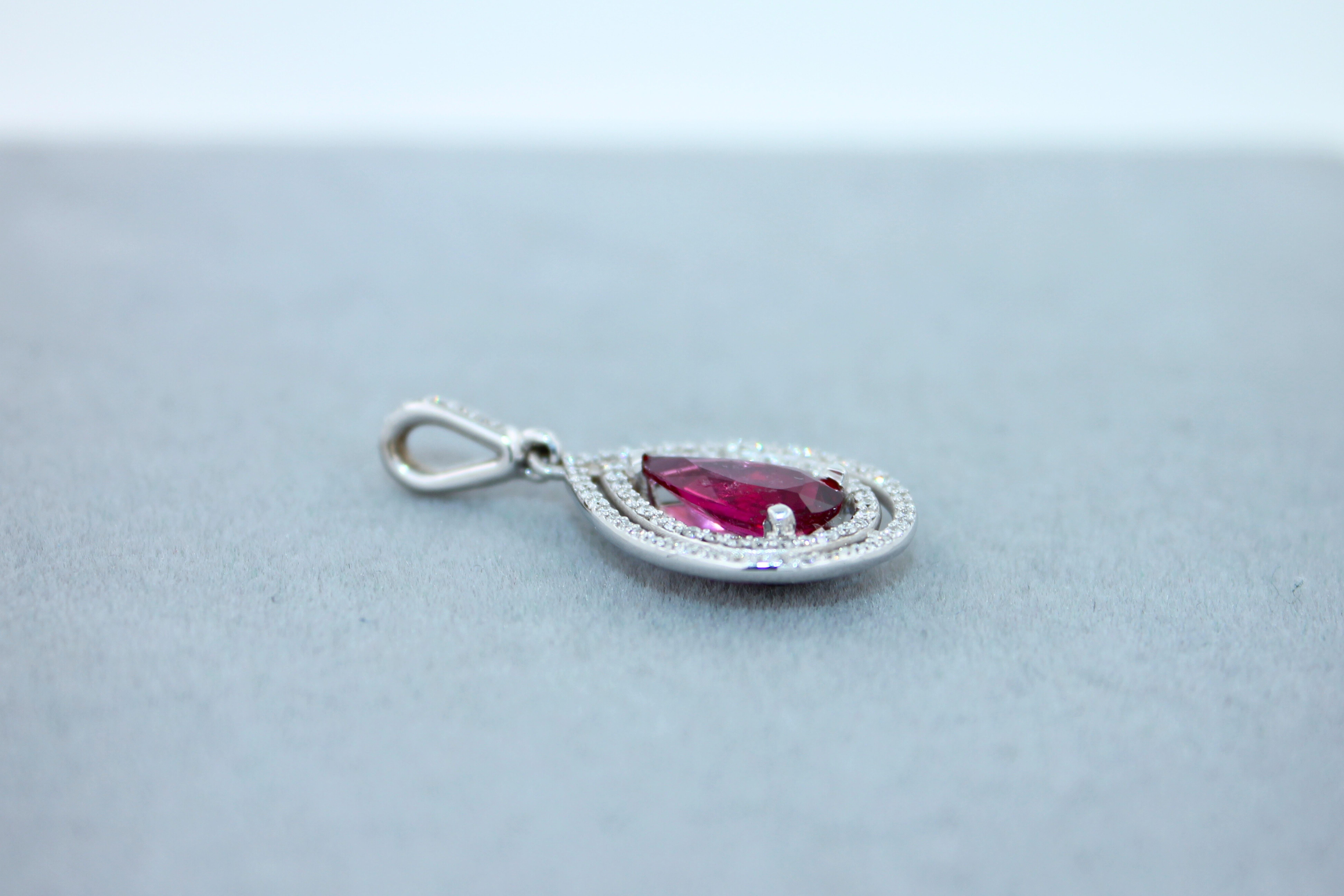 Pear Drop Red Pink Tourmaline Rubellite Diamond Halo Pave 14k White Gold Pendant For Sale 3