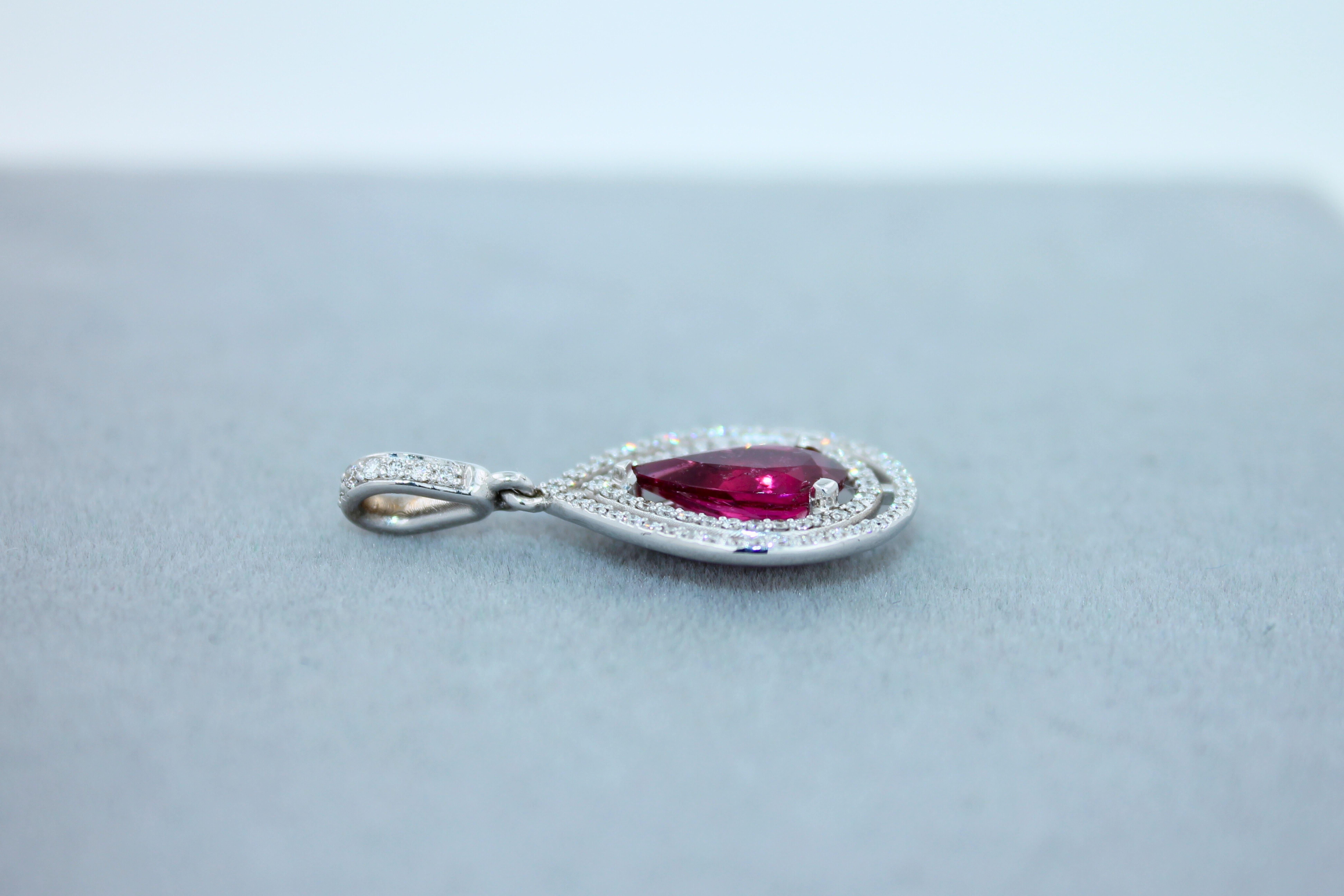 Pear Drop Red Pink Tourmaline Rubellite Diamond Halo Pave 14k White Gold Pendant For Sale 4