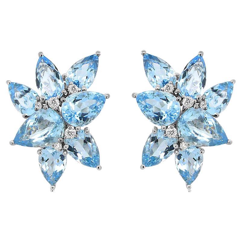 Pear Drop Shape Blue Aquamarines & Diamond 18K White Gold Earrings For Sale