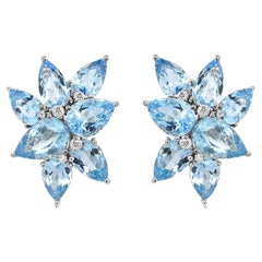 Pear Drop Shape Blue Aquamarines & Diamond 18K White Gold Earrings