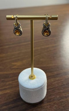 Pear Drop Shape Orange Citrine Brown Diamonds Halo Twist 14K Gold Drop Earrings