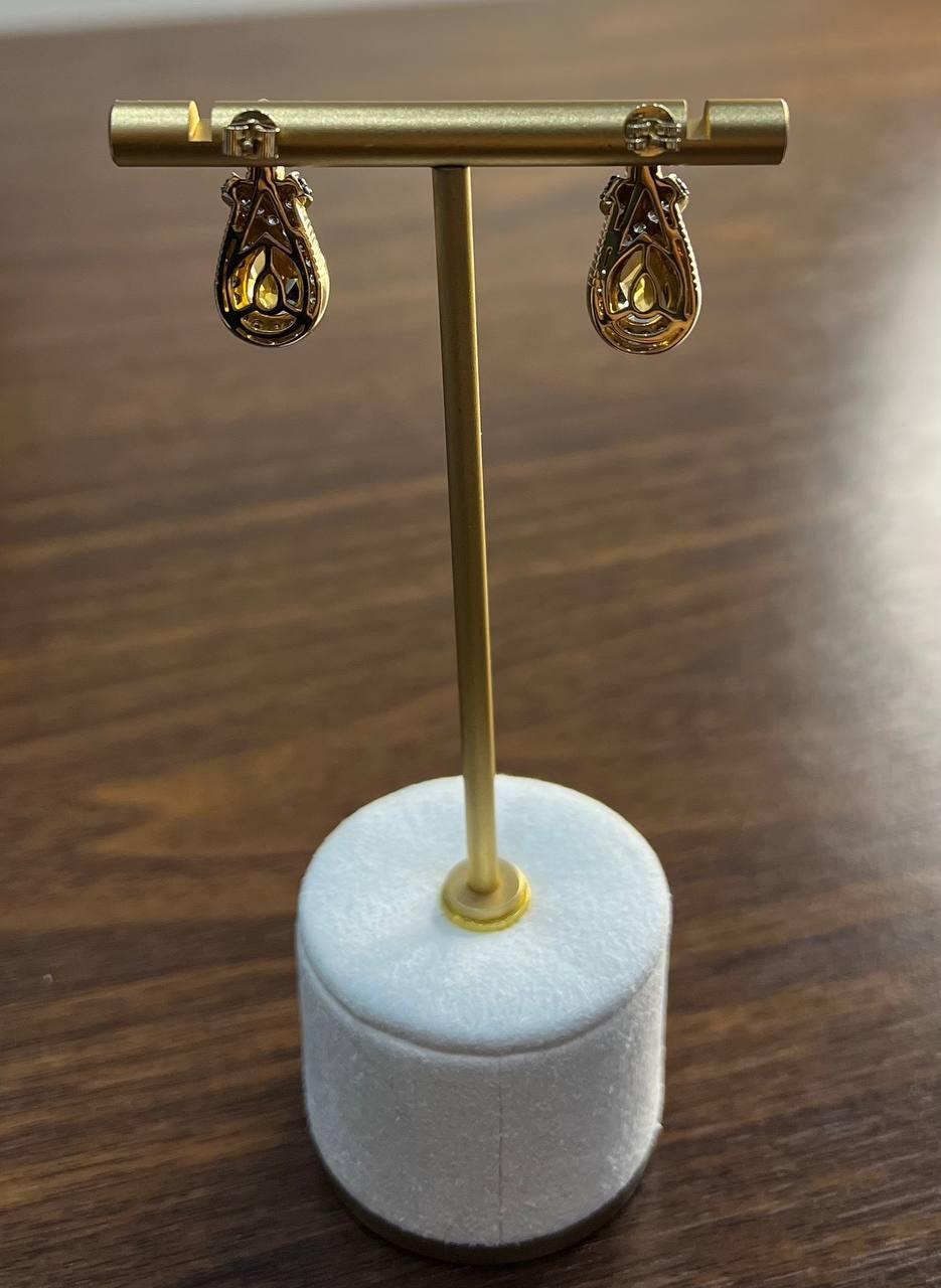 Pear Cut Pear Drop Shape Orange Citrine Brown Diamonds Halo Twist 14K Gold Drop Earrings For Sale