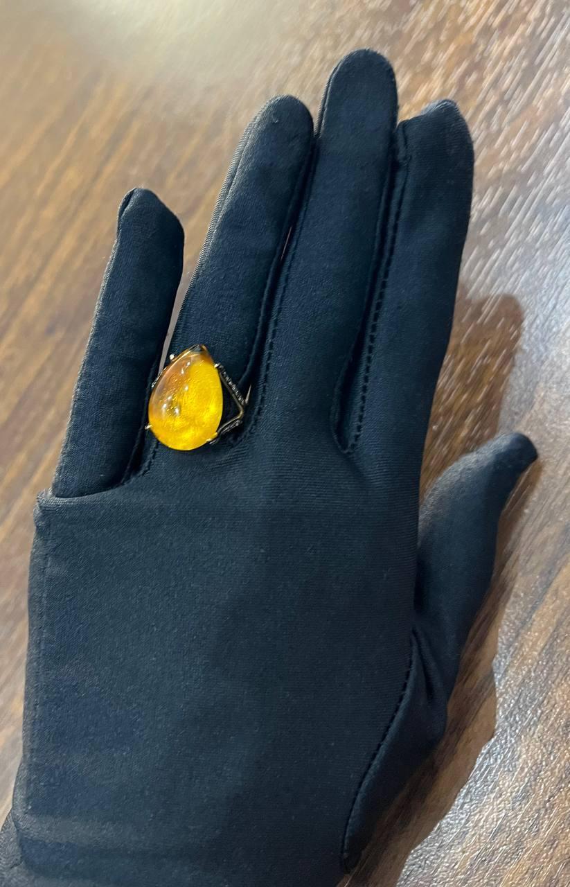 Anello in oro giallo 14K con diamanti Citrino arancione a forma di goccia di pera in vendita 1