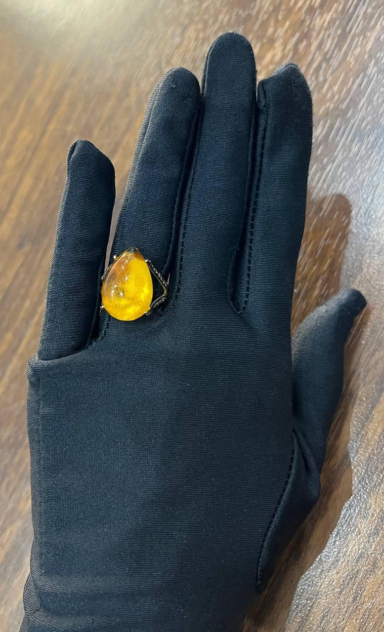 Anello in oro giallo 14K con diamanti Citrino arancione a forma di goccia di pera in vendita 2