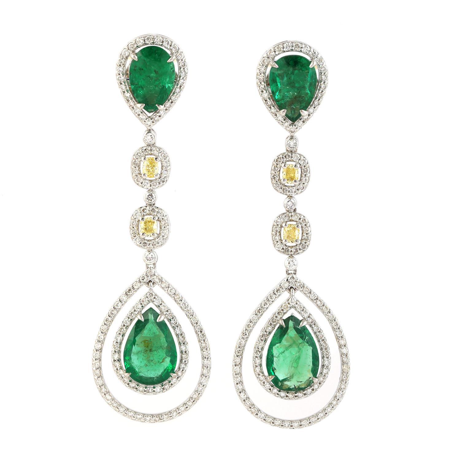 Mixed Cut Pear Drops Zambian Emeralds Earrings with Cushion Shaped Yellow Diamonds in 18k For Sale