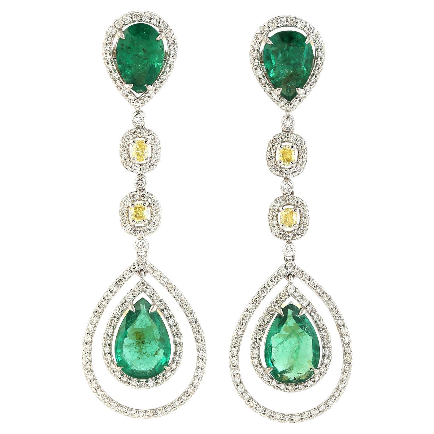 Pear Drops Zambian Emeralds Earrings with Cushion Shaped Yellow Diamonds in 18k For Sale