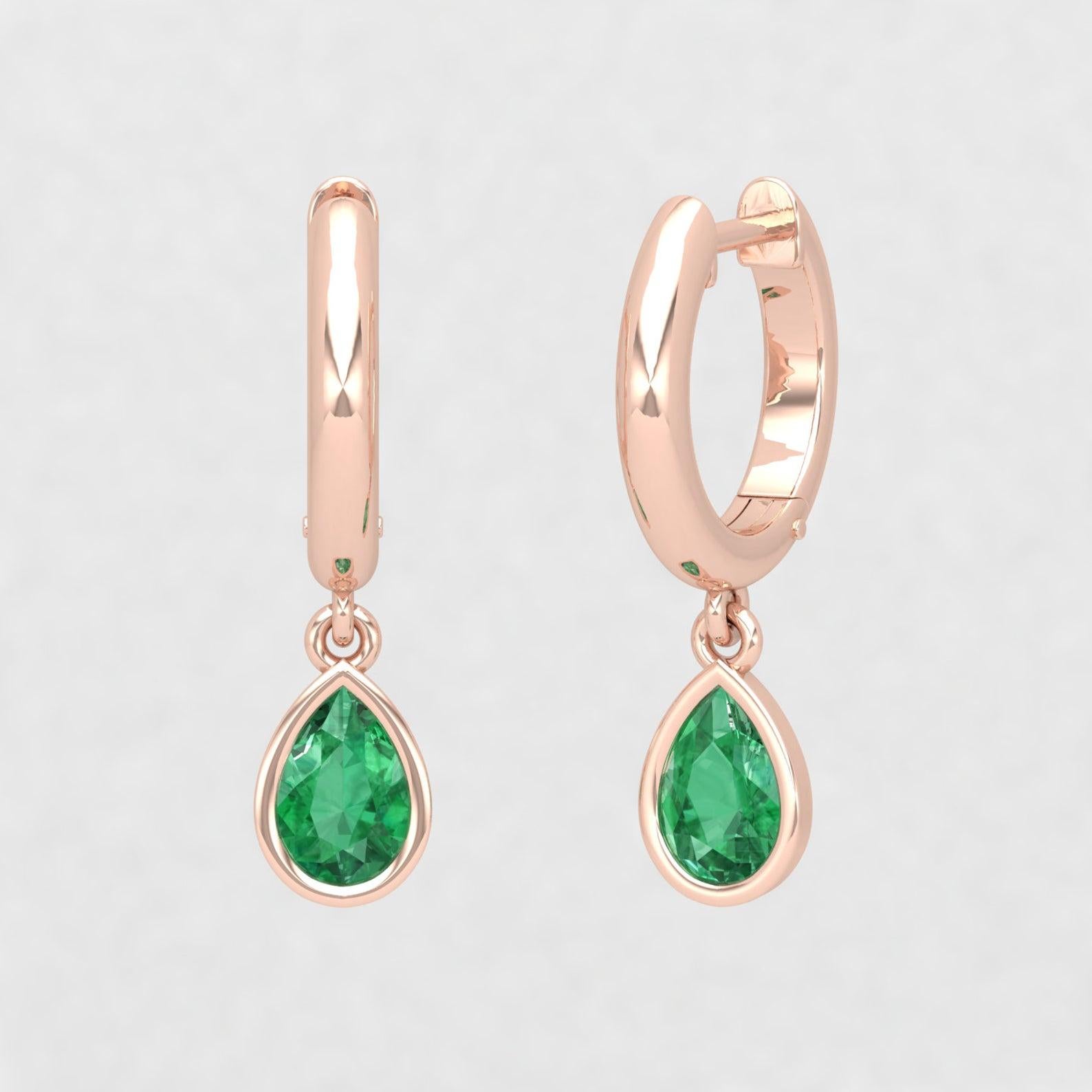 Modern Pear Emerald 14 Karat Gold Huggie Hoop Earrings