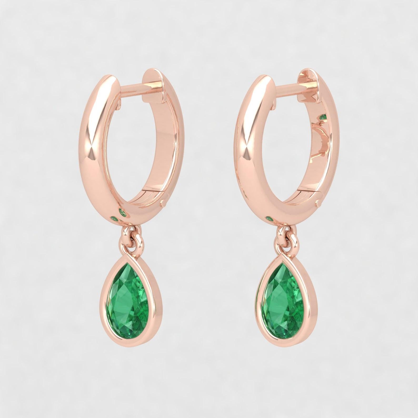 Pear Cut Pear Emerald 14 Karat Gold Huggie Hoop Earrings