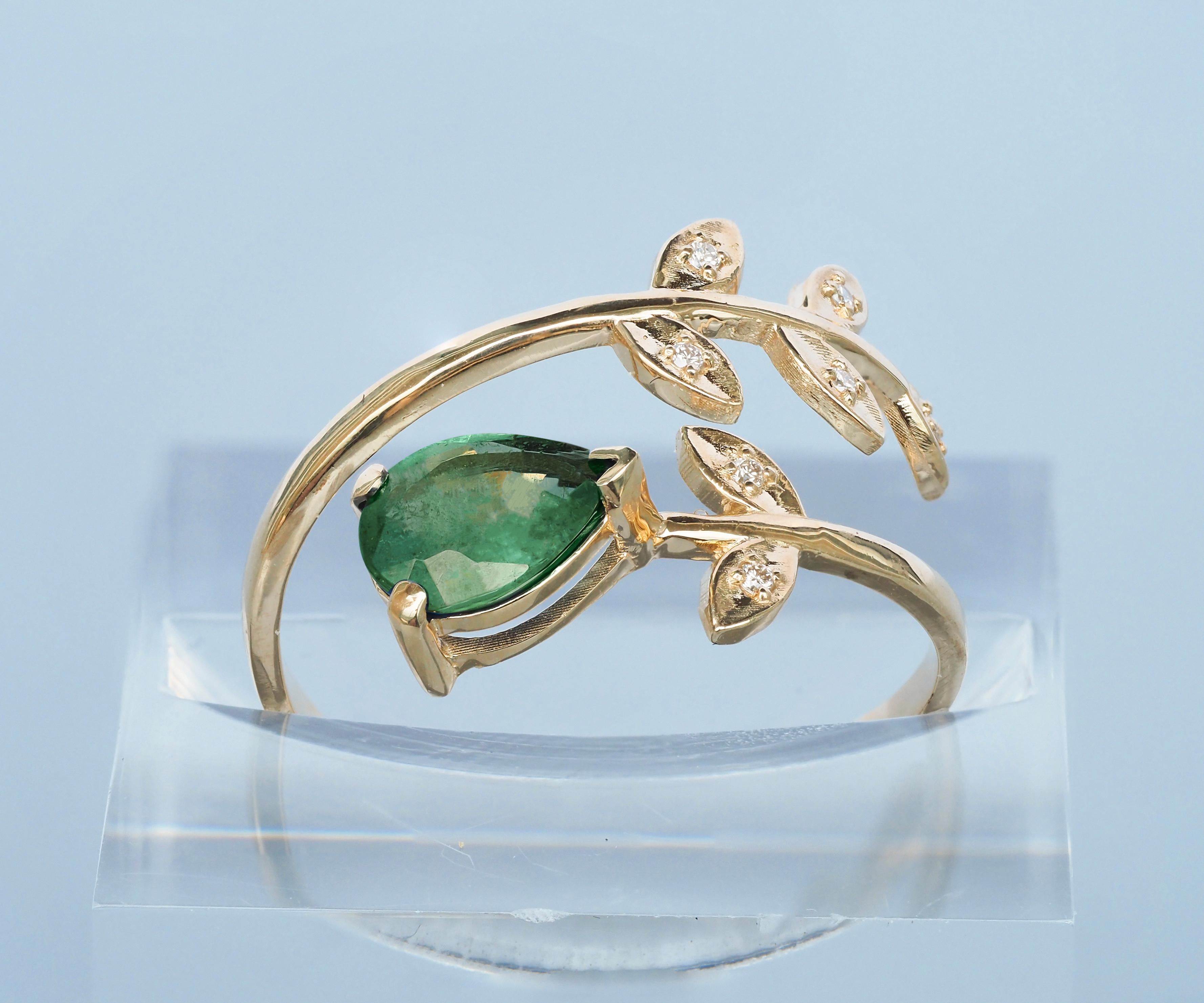 For Sale:  Pear Emerald 14k Gold Ring, Emerald Gold Ring 6