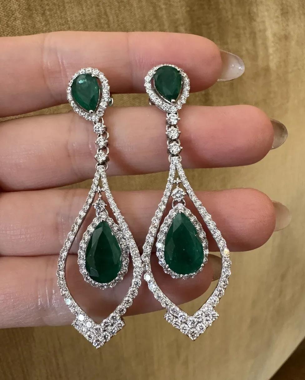 Pear Cut Pear Emerald and Diamond Drop Earrings in 18k White Gold For Sale