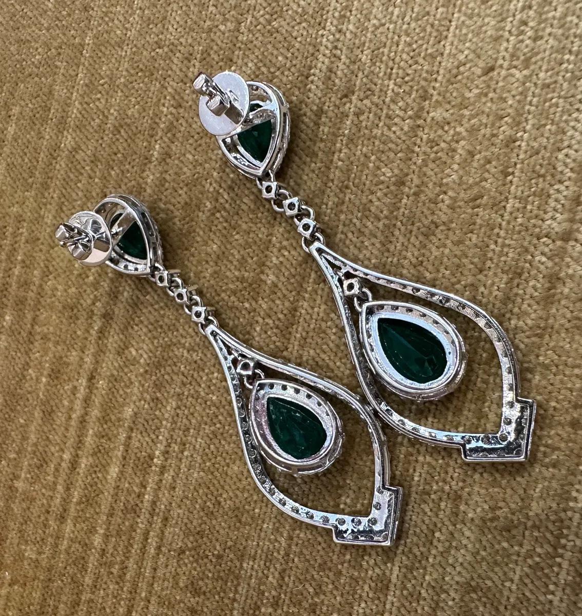 Women's Pear Emerald and Diamond Drop Earrings in 18k White Gold For Sale