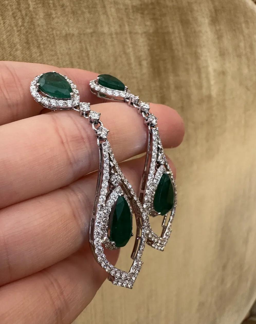 Pear Emerald and Diamond Drop Earrings in 18k White Gold For Sale 2