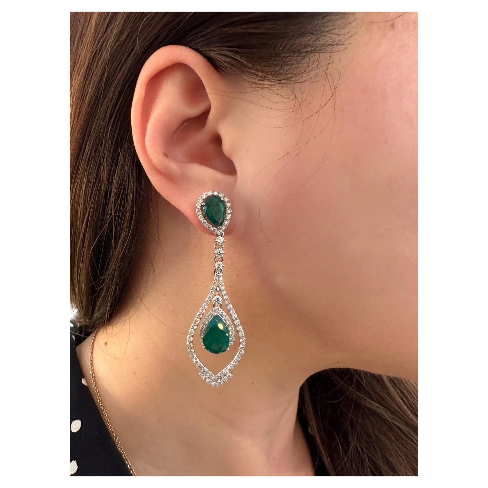 Pear Emerald and Diamond Drop Earrings in 18k White Gold For Sale
