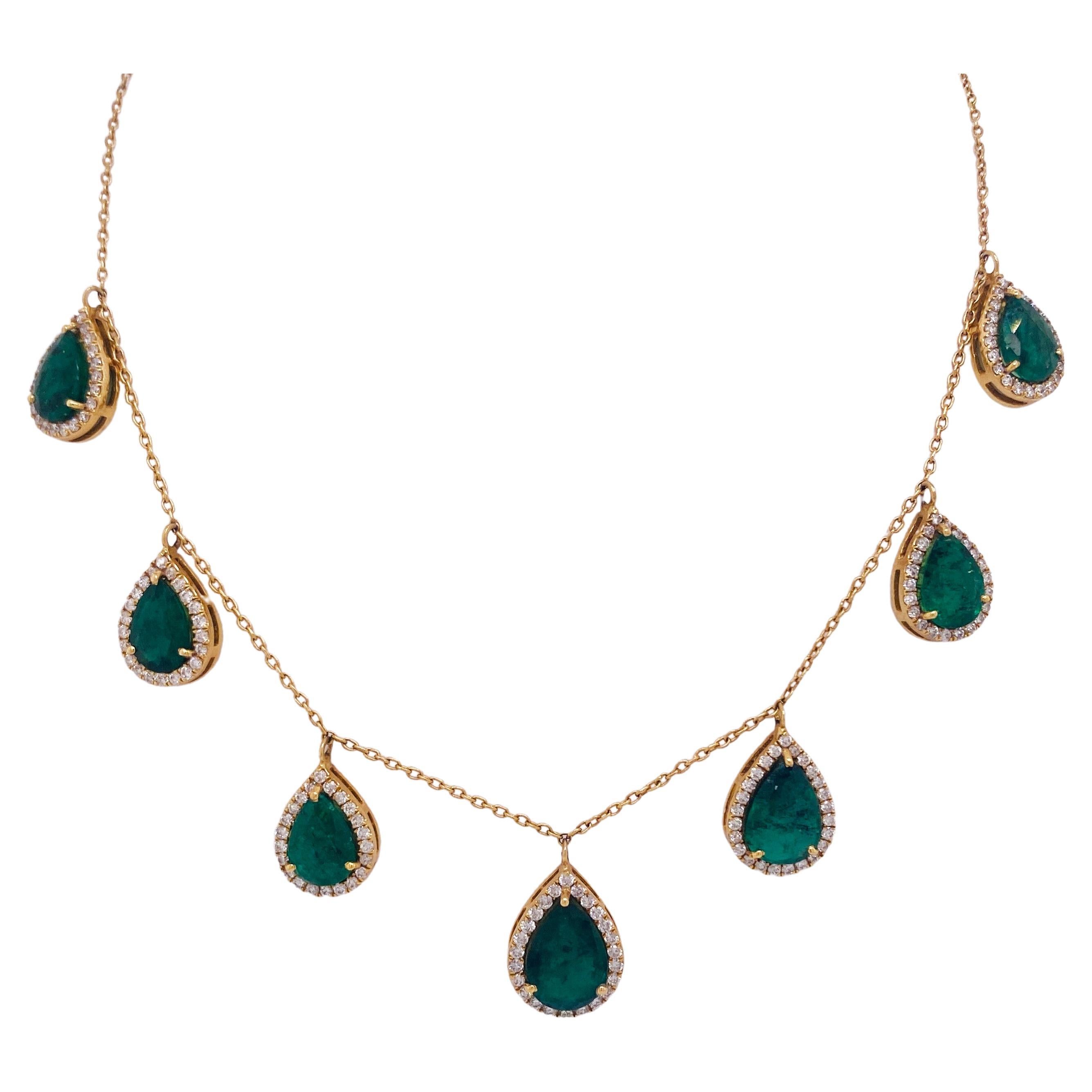Pear Emerald and Diamond Drops 7 Carats, 14k Yellow Gold, 17.5-Inch Necklace Lv For Sale
