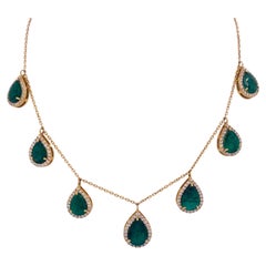 Pear Emerald and Diamond Drops 7 Carats, 14k Yellow Gold, 17.5-Inch Necklace Lv