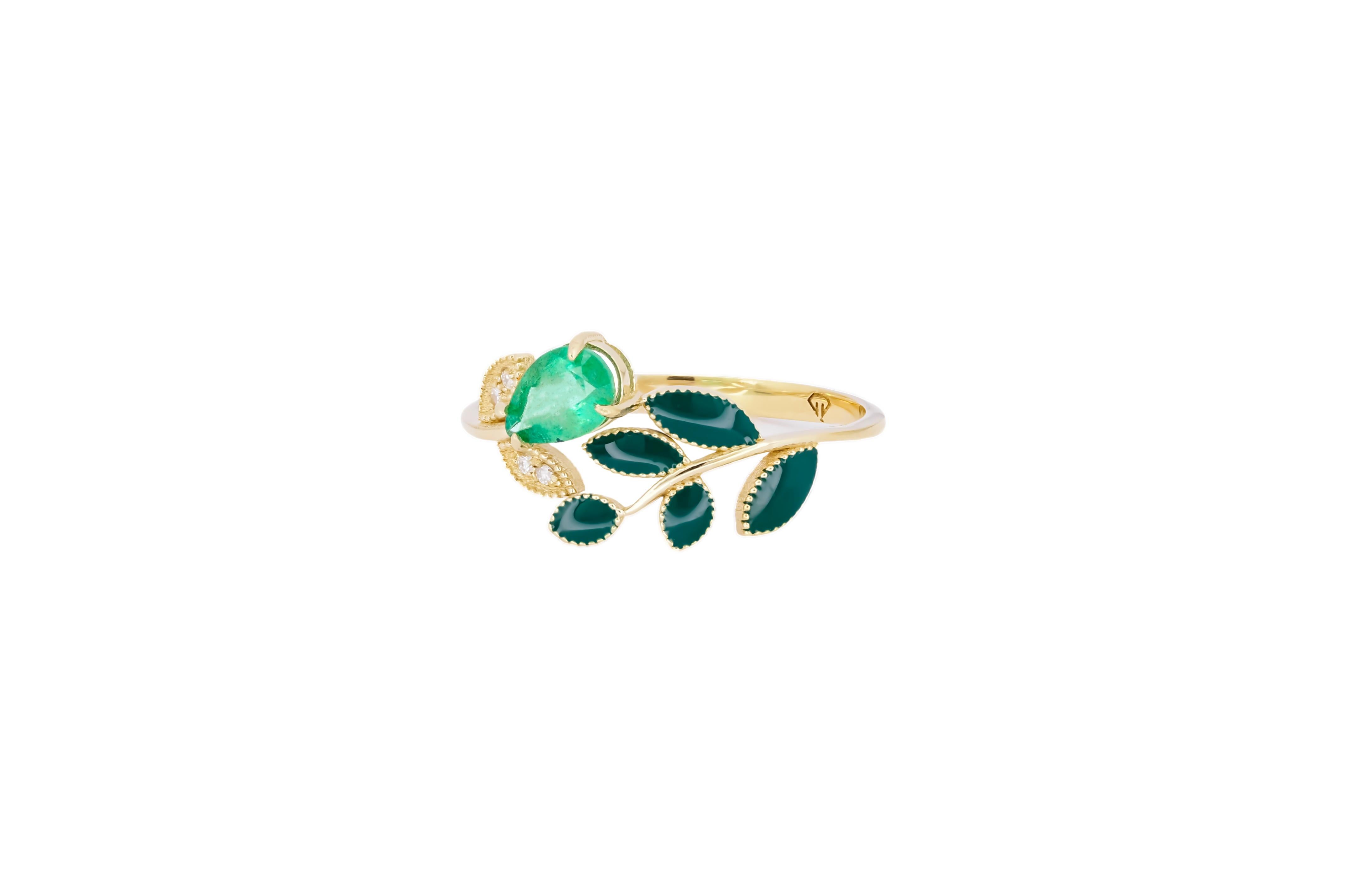 For Sale:  Pear Emerald and Diamonds 14k gold ring. Enamel gold ring. Floral ring.  2
