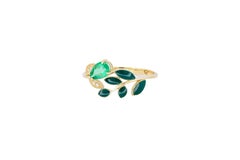 Pear Emerald and Diamonds 14k gold ring. Enamel gold ring. Floral ring.