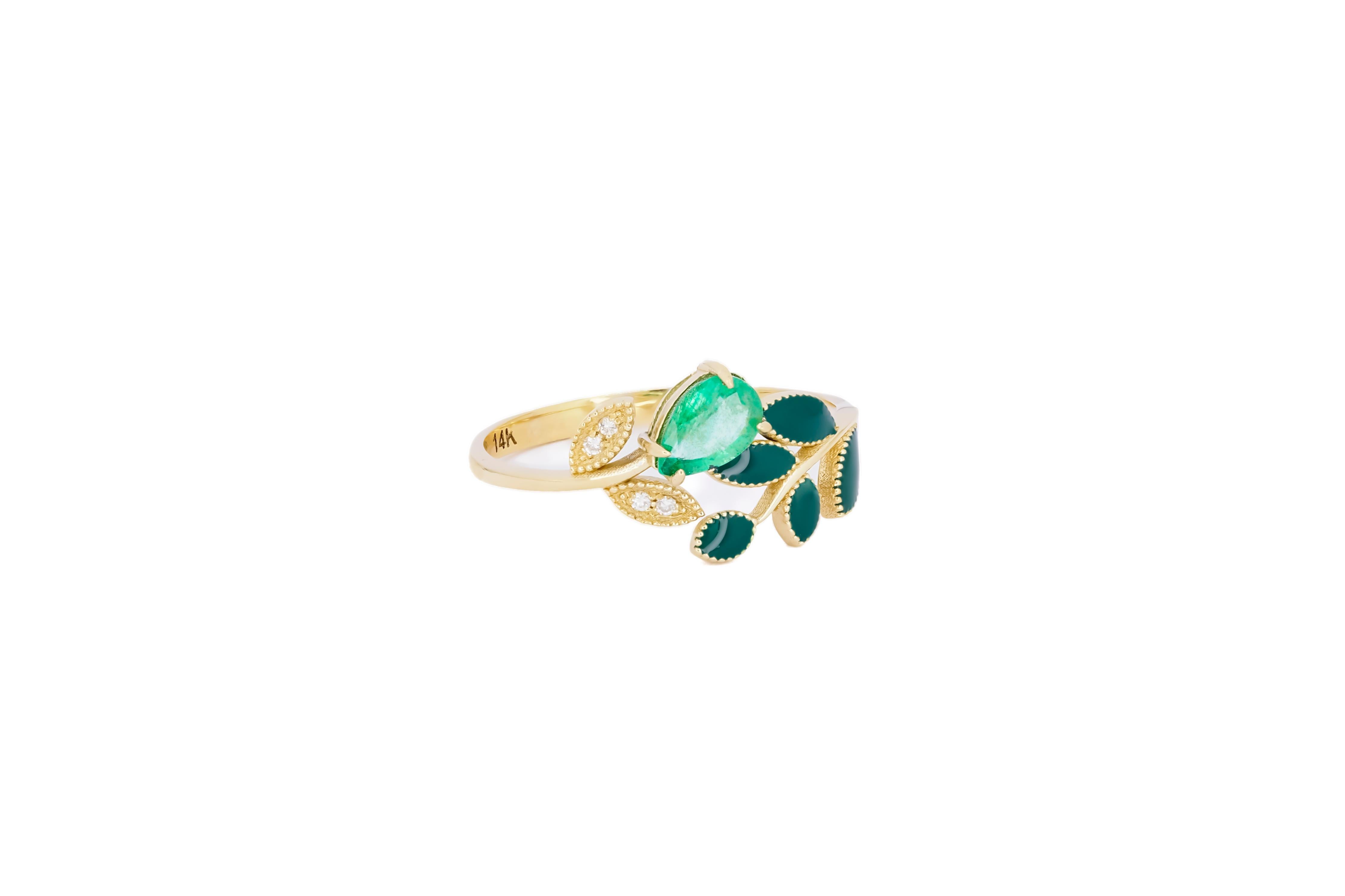 For Sale:  Pear Emerald and Diamonds 14k gold ring. Enamel gold ring. Floral ring.  3