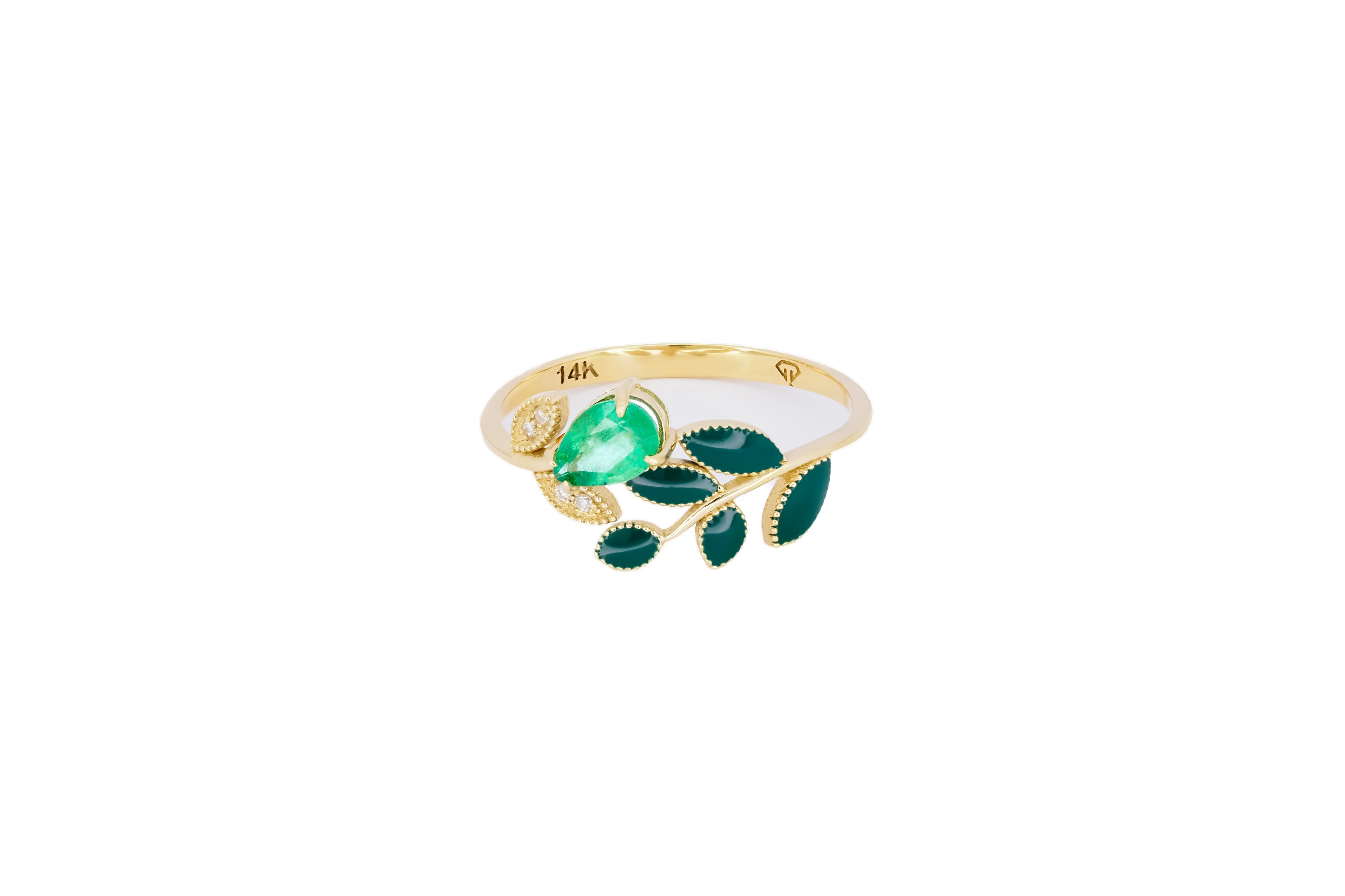 For Sale:  Pear Emerald and Diamonds 14k gold ring. Enamel gold ring. Floral ring.  4