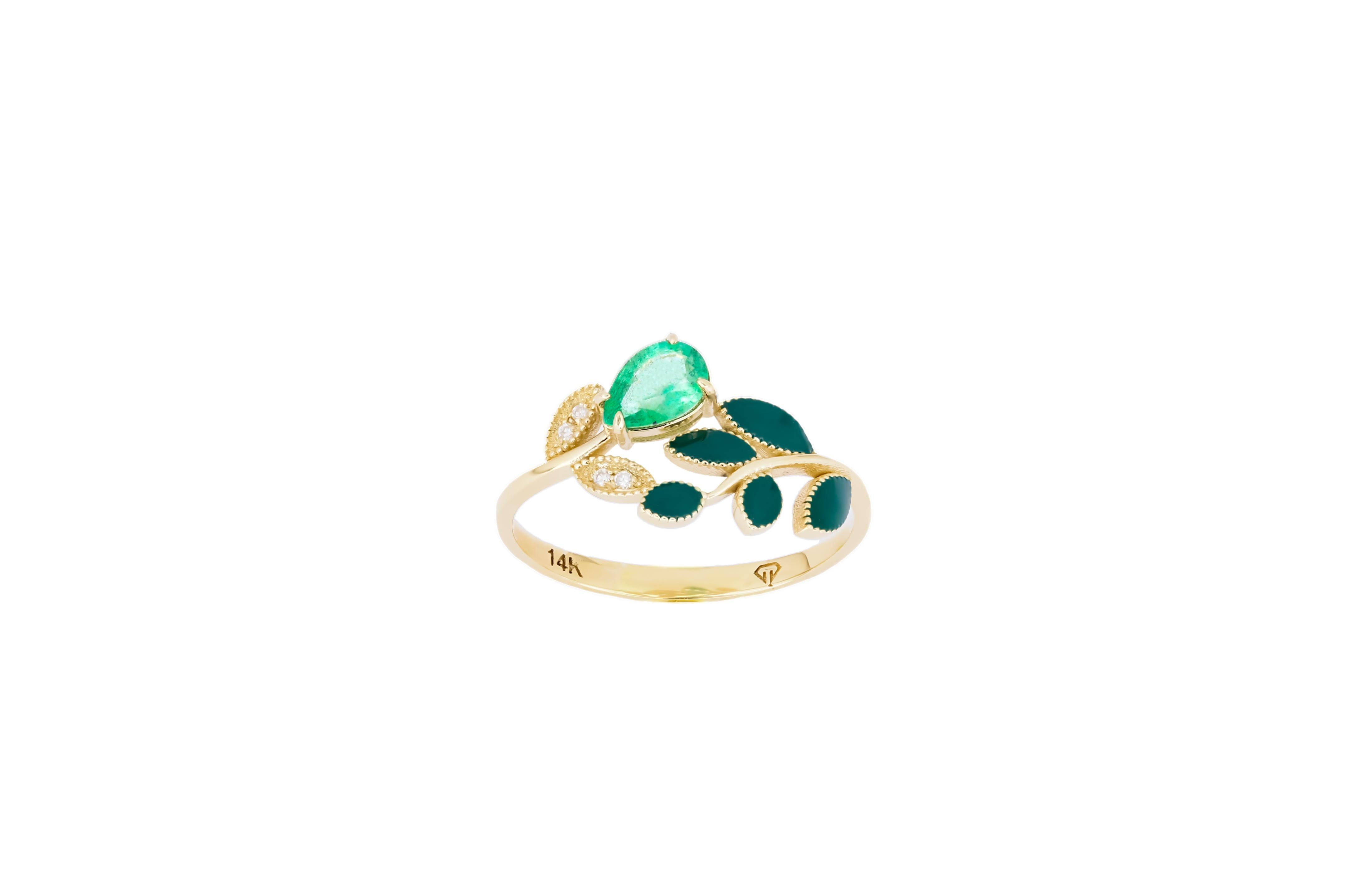 For Sale:  Pear Emerald and Diamonds 14k gold ring. Enamel gold ring. Floral ring.  5