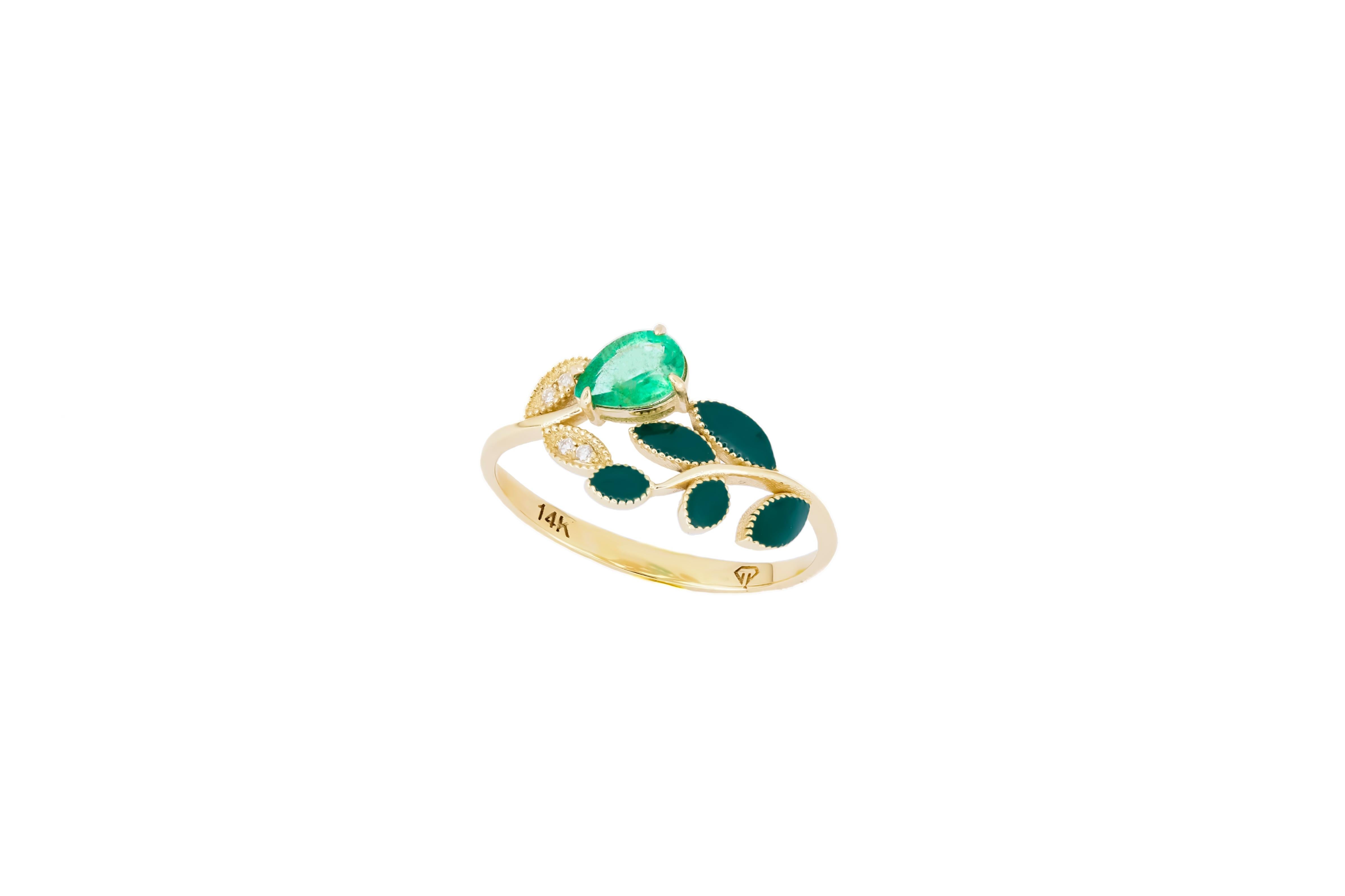 For Sale:  Pear Emerald and Diamonds 14k gold ring. Enamel gold ring. Floral ring.  6