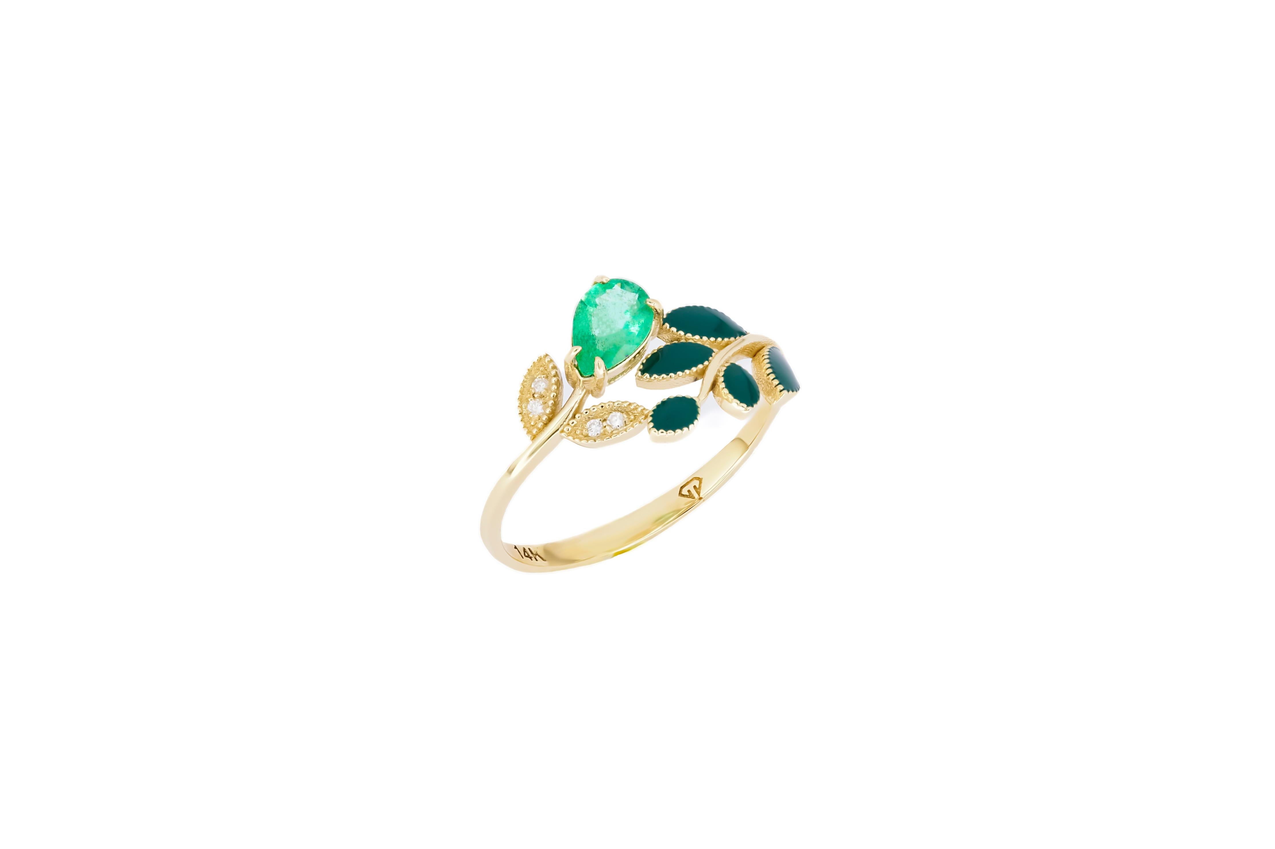 For Sale:  Pear Emerald and Diamonds 14k gold ring. Enamel gold ring. Floral ring.  7