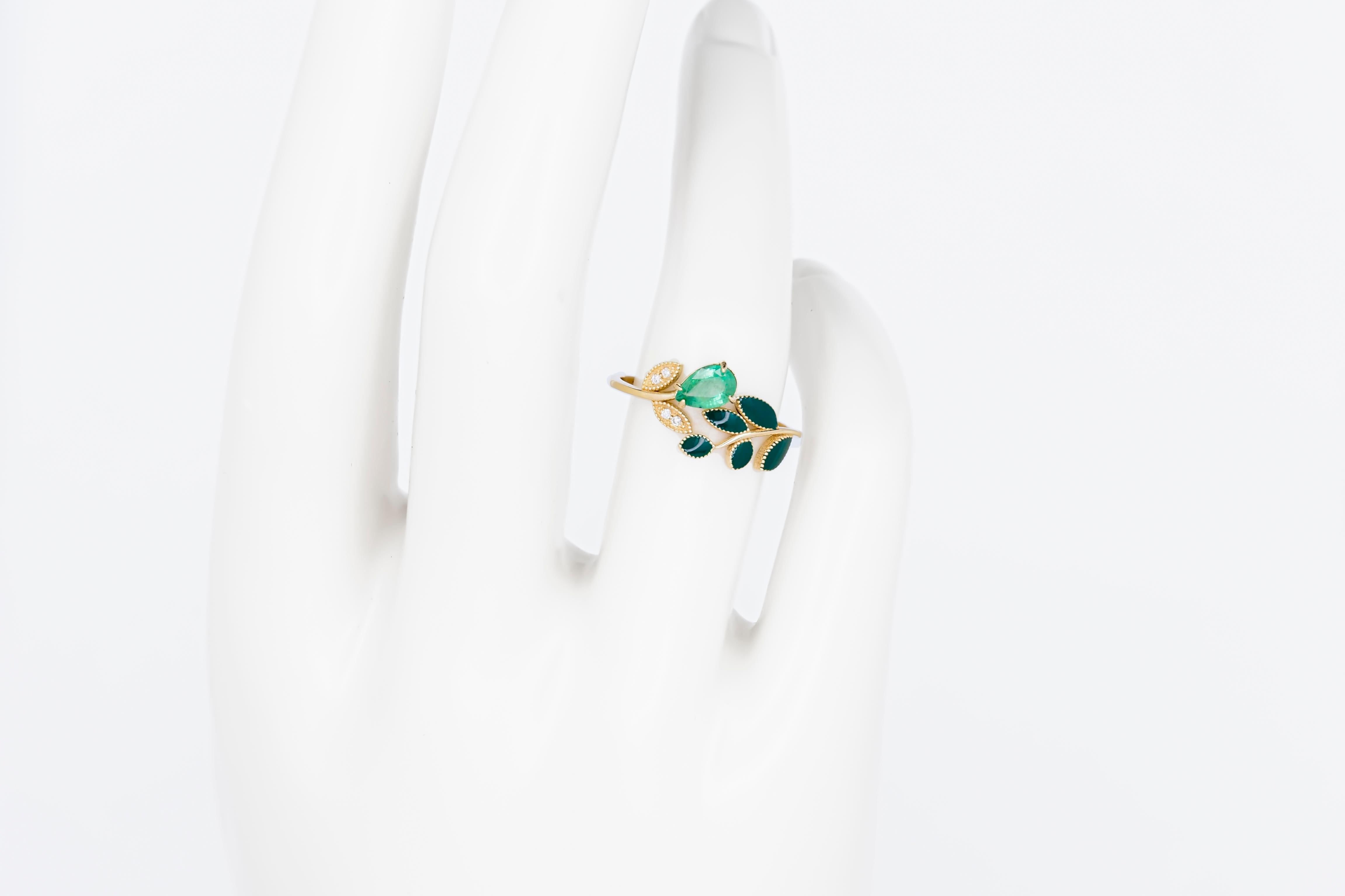 For Sale:  Pear Emerald and Diamonds 14k gold ring. Enamel gold ring. Floral ring.  8