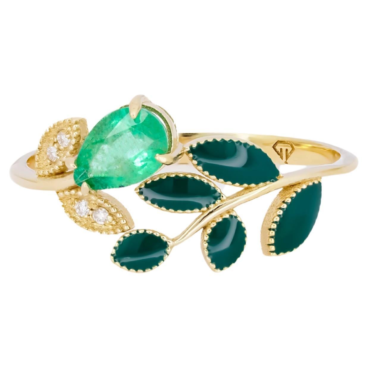 Pear Emerald and Diamonds 14k gold ring. Enamel gold ring. Floral ring. 