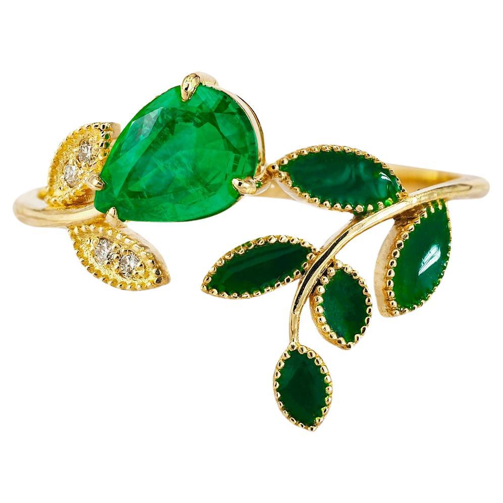 Pear Emerald and Diamonds 14k Gold Ring, Enamel Gold Ring, Floral Ring