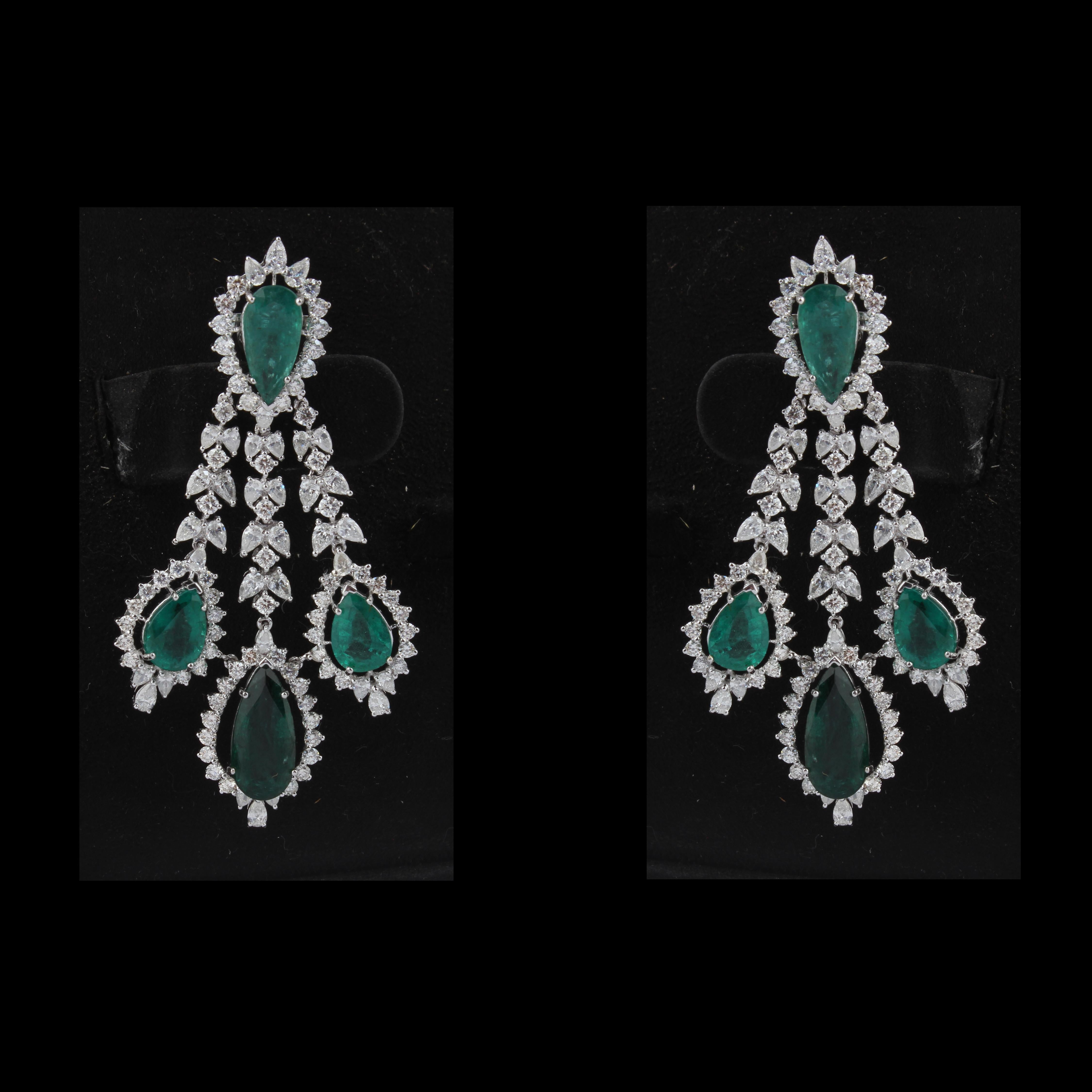 Modern Pear Emerald Chandelier Earrings 18 Karat White Gold Earrings Diamond Jewelry For Sale