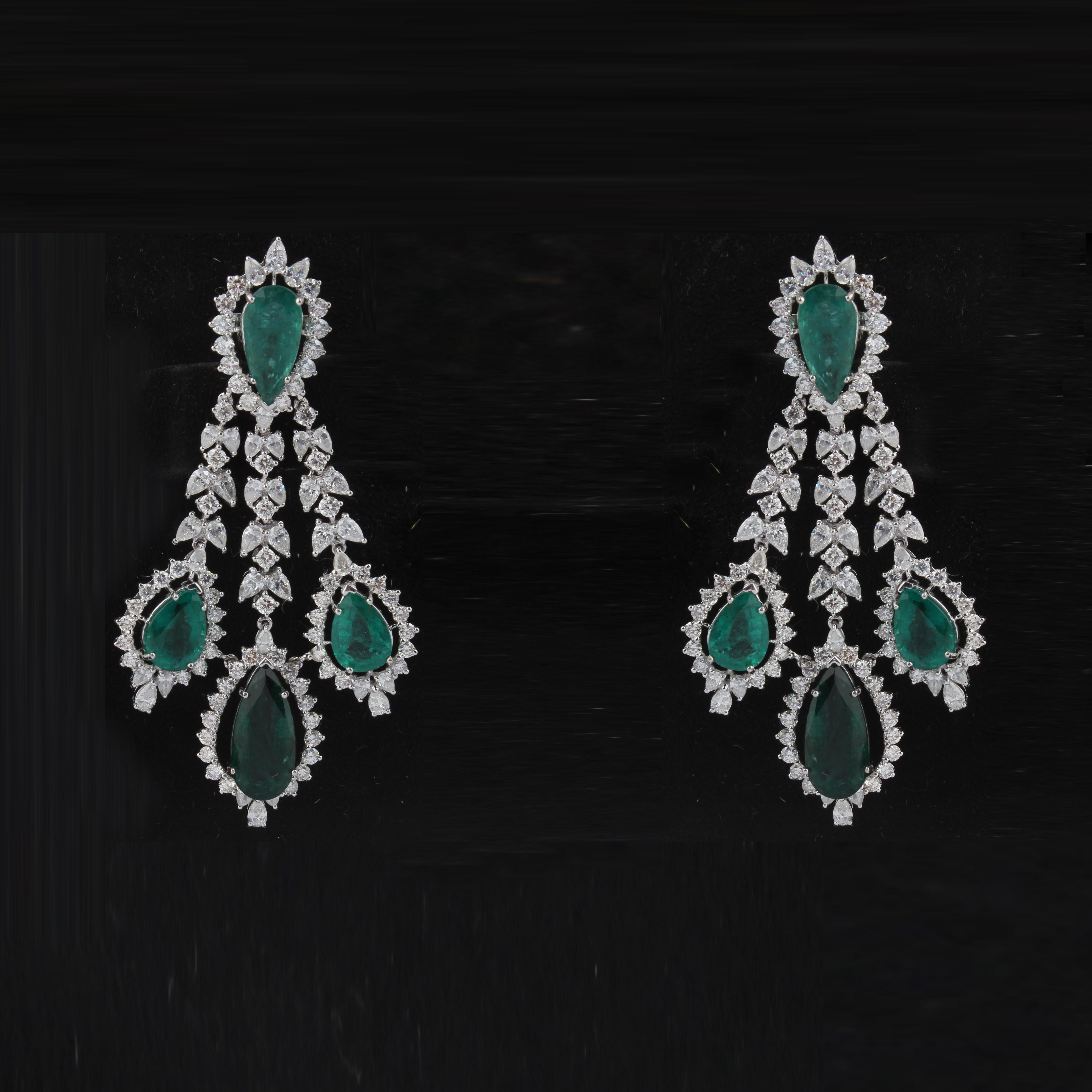 Pear Cut Pear Emerald Chandelier Earrings 18 Karat White Gold Earrings Diamond Jewelry For Sale