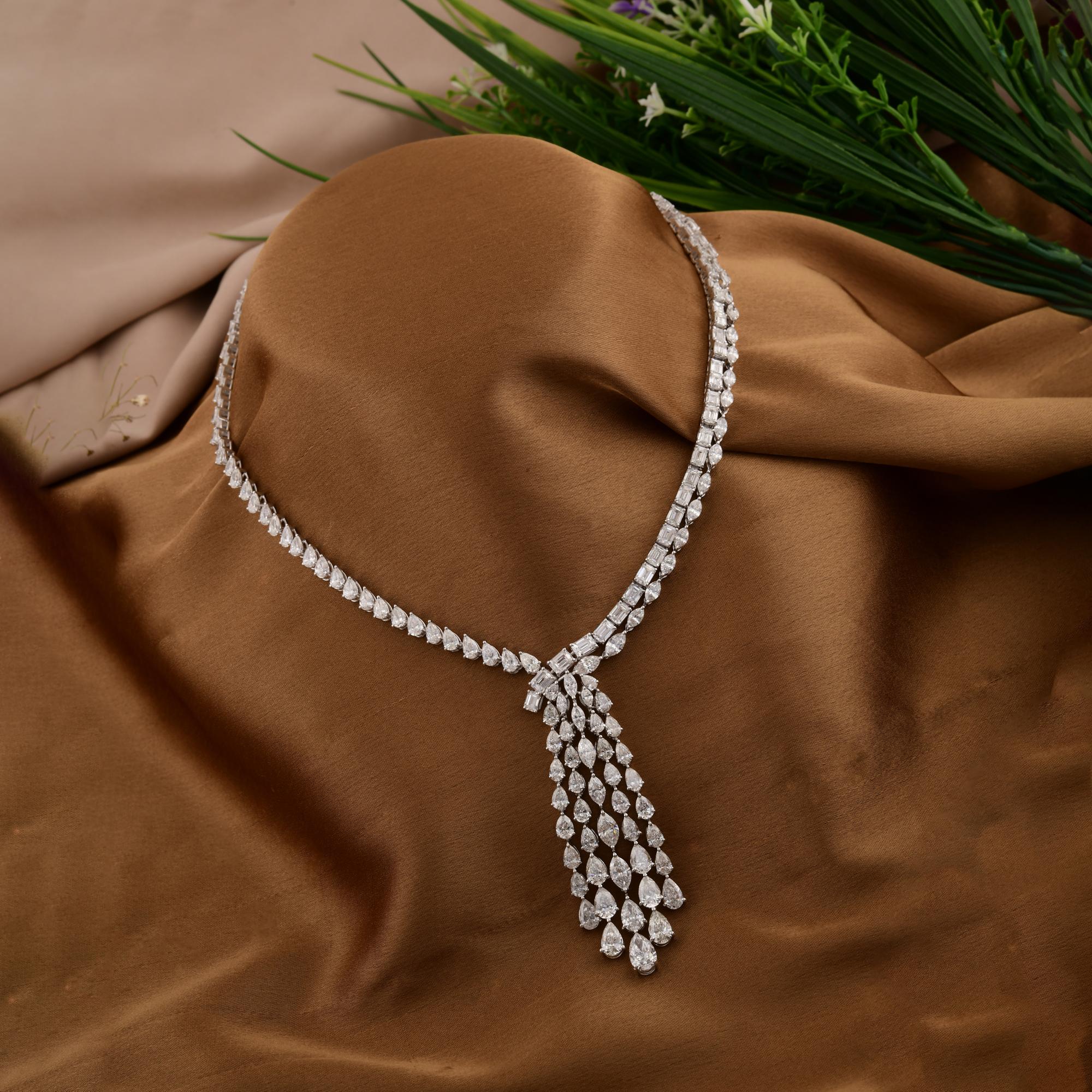 Modern Pear Emerald Cut 33.17 Carat SI/H Diamond Pendant 14 Karat White Gold Necklace For Sale