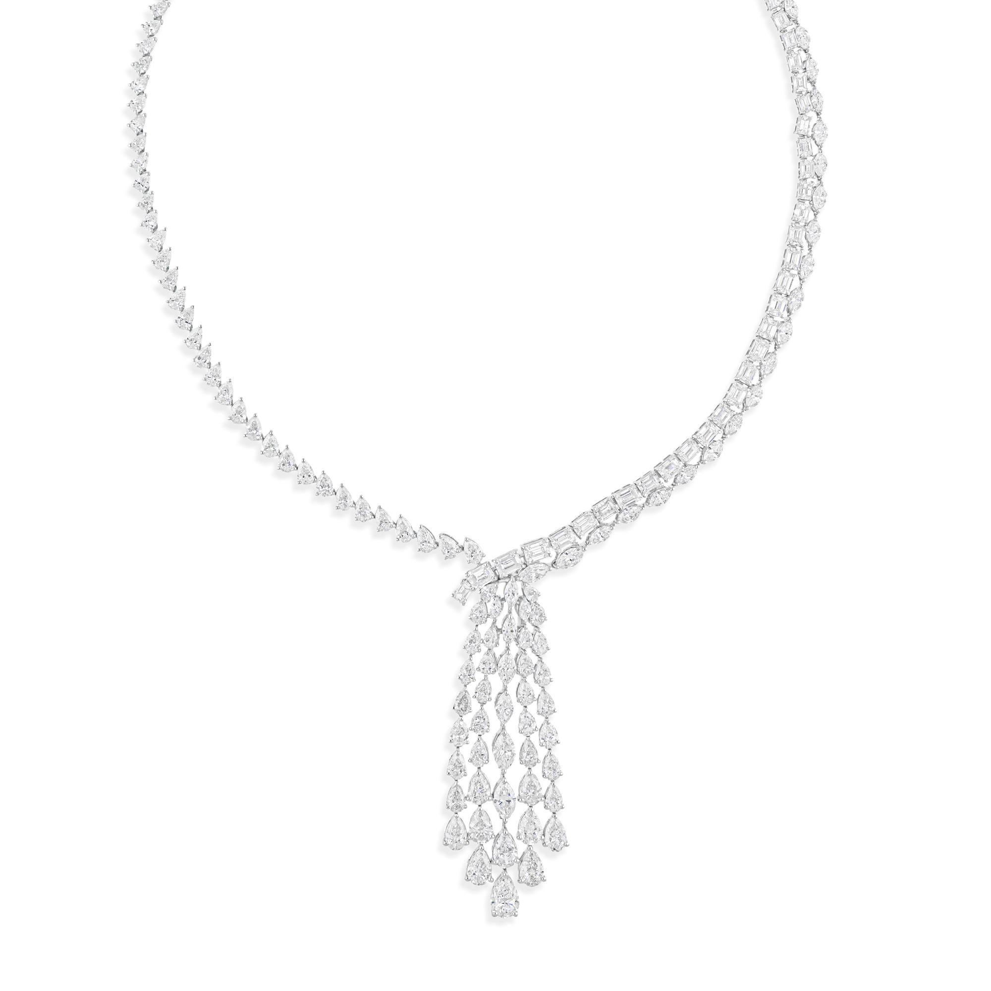 Women's Pear Emerald Cut 33.17 Carat SI/H Diamond Pendant 14 Karat White Gold Necklace For Sale