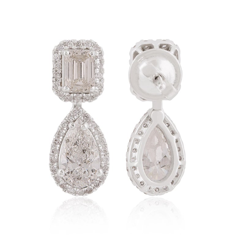 Pear and Emerald Cut Diamond Dangle Earrings 18 Karat White Gold Handmade Jewelry For Sale at