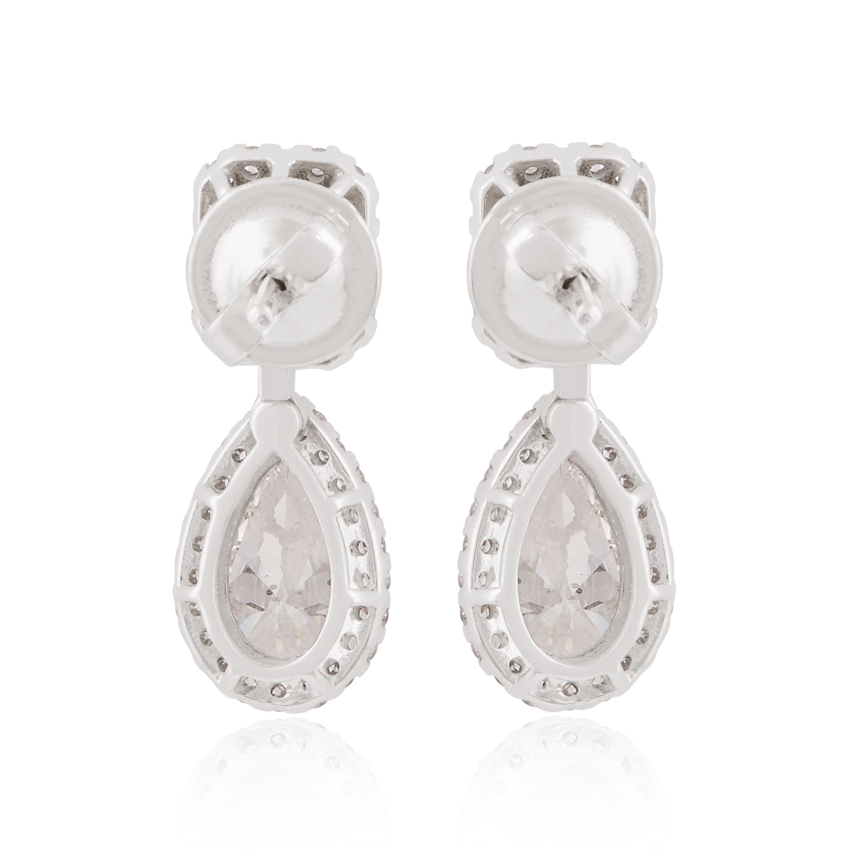 Modern Pear & Emerald Cut Diamond Dangle Earrings 18 Karat White Gold Handmade Jewelry For Sale