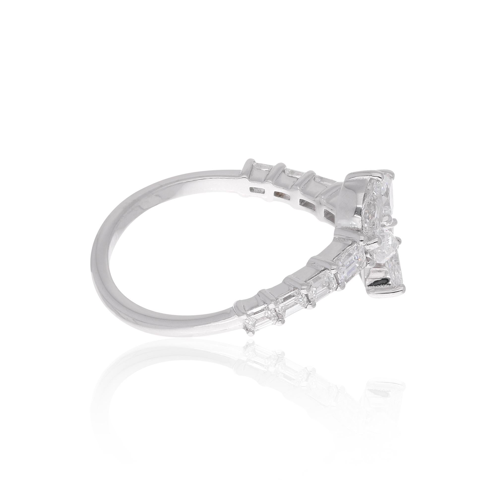 Modern Pear & Emerald Cut Diamond Leaf Cuff Ring 14 Karat White Gold Handmade Jewelry For Sale