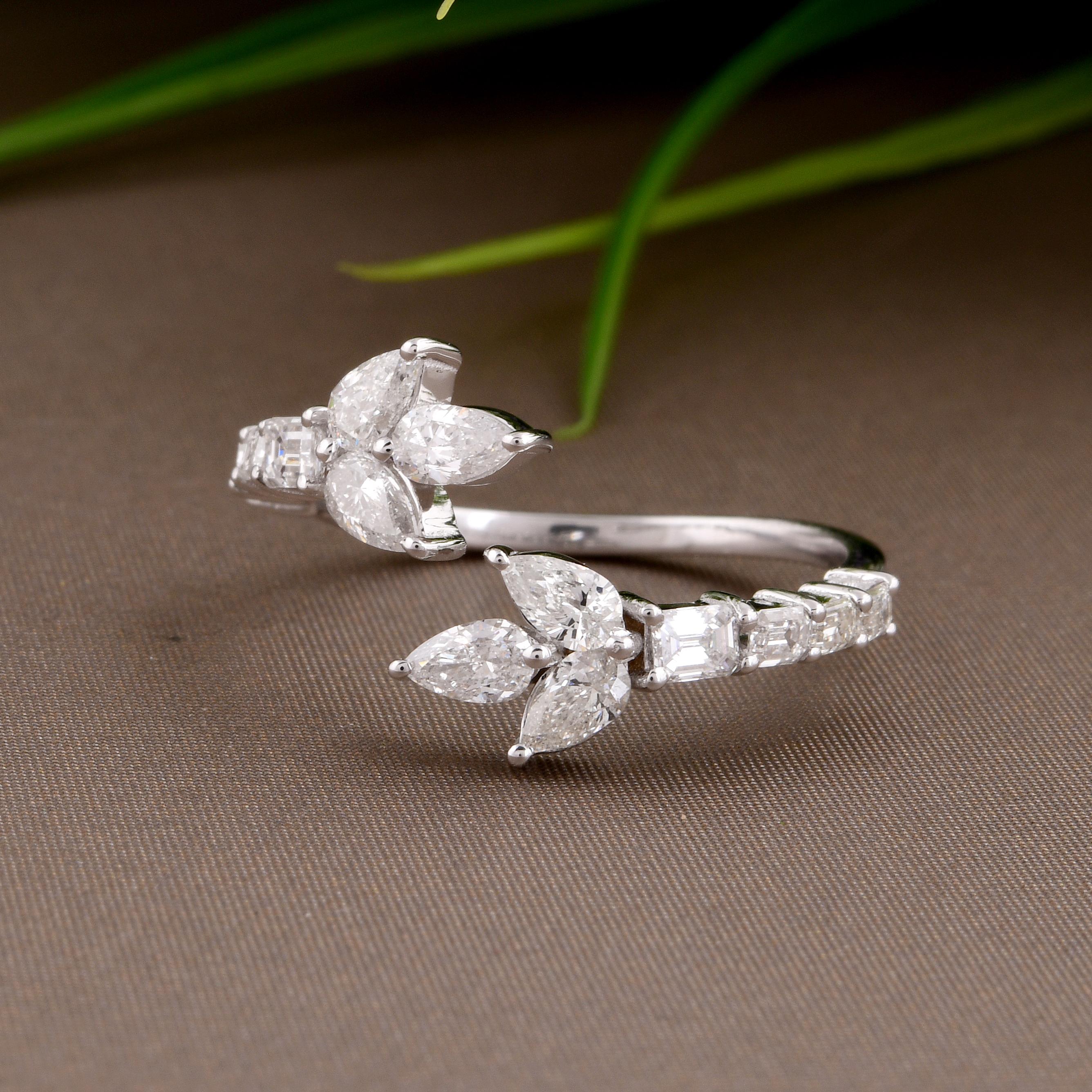 Women's Pear & Emerald Cut Diamond Leaf Cuff Ring 14 Karat White Gold Handmade Jewelry For Sale
